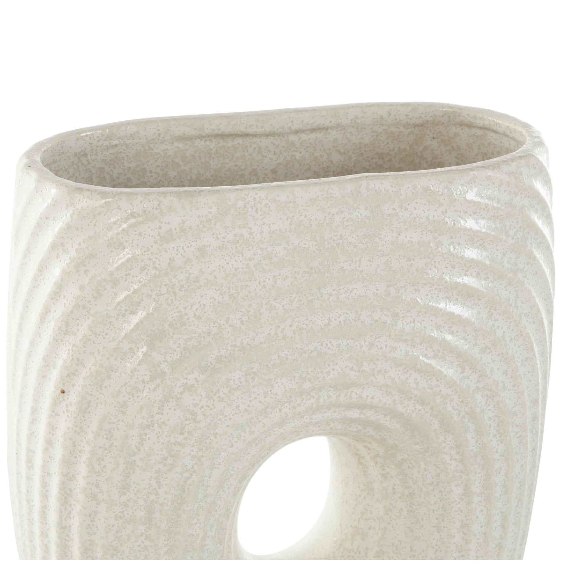 Abstract White Ceramic Ribbed Ring Cutout Decorative Vase with Glossy Speckled Texture