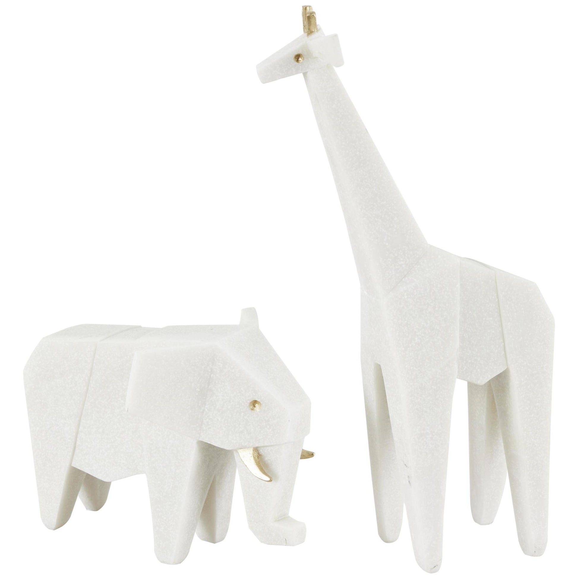 Set of 2 Elephant, Giraffe White Polystone Cubist Inspired Decorative Sculpture with Gold Accents
