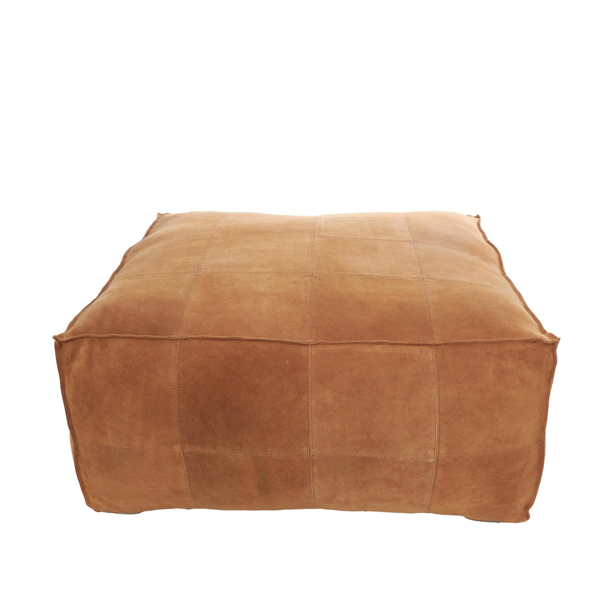 Leather Low Profile Square Stuffed Pouf with Patchwork Design