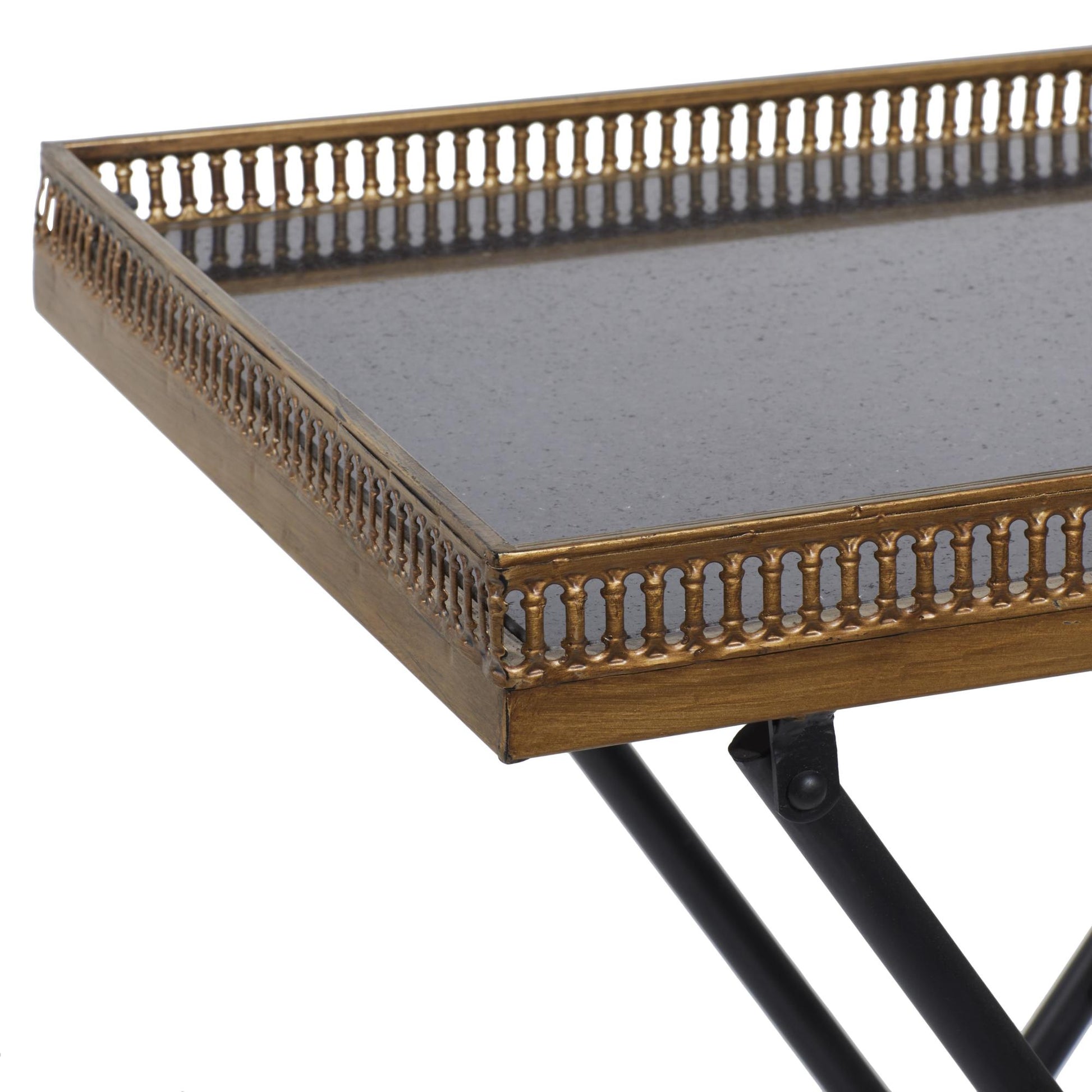 Brass Metal Side End Accent Table with Black Marble Tray Top and Metal Folding Legs