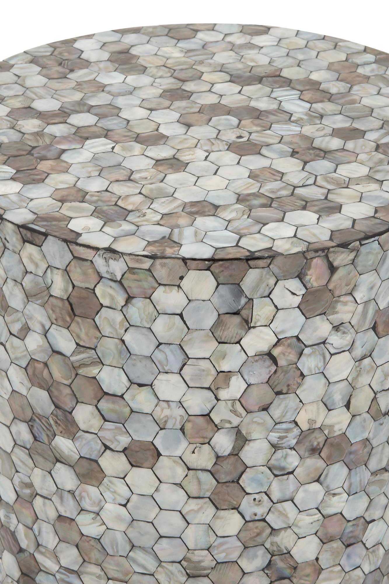 Geometric Mother of Pearl Shell Handmade Mosaic Drum Side End Accent Table