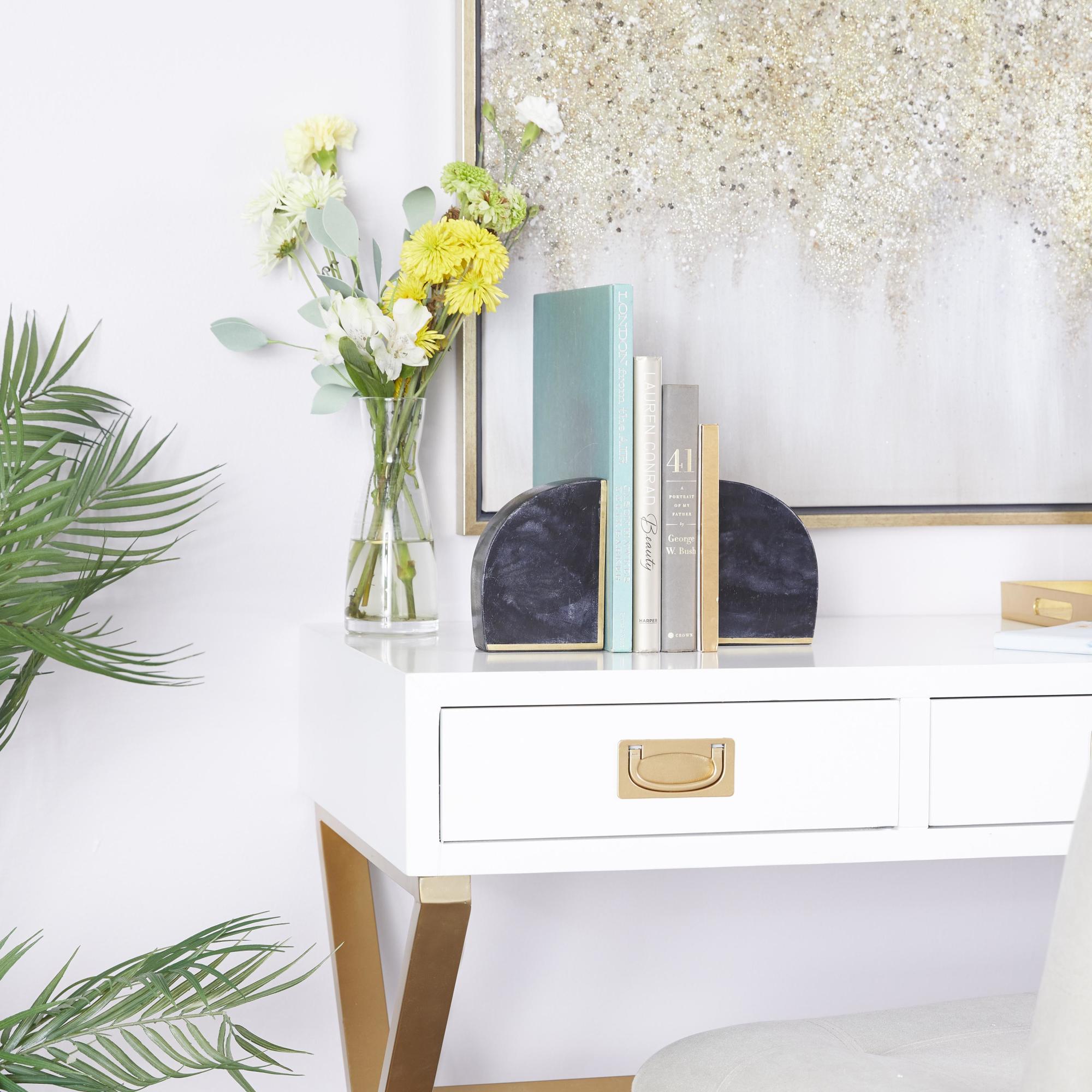 CosmoLiving by Cosmopolitan Set of 2 Geometric Marble 8 lbs Decorative Bookends with Gold Inlay