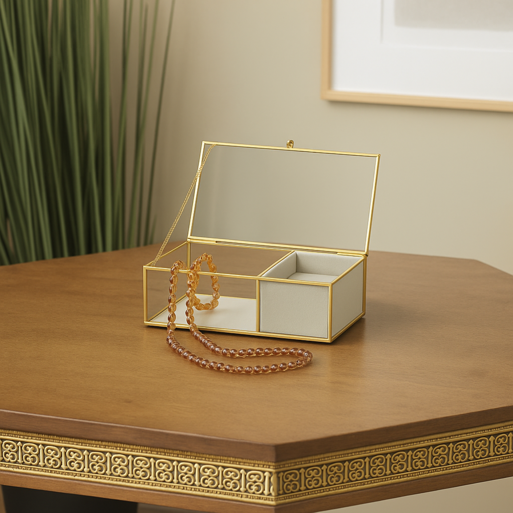 Clear Glass Decorative Jewelry Box with Gold Metal Frame and Gray Fabric Interior with Ring Slots