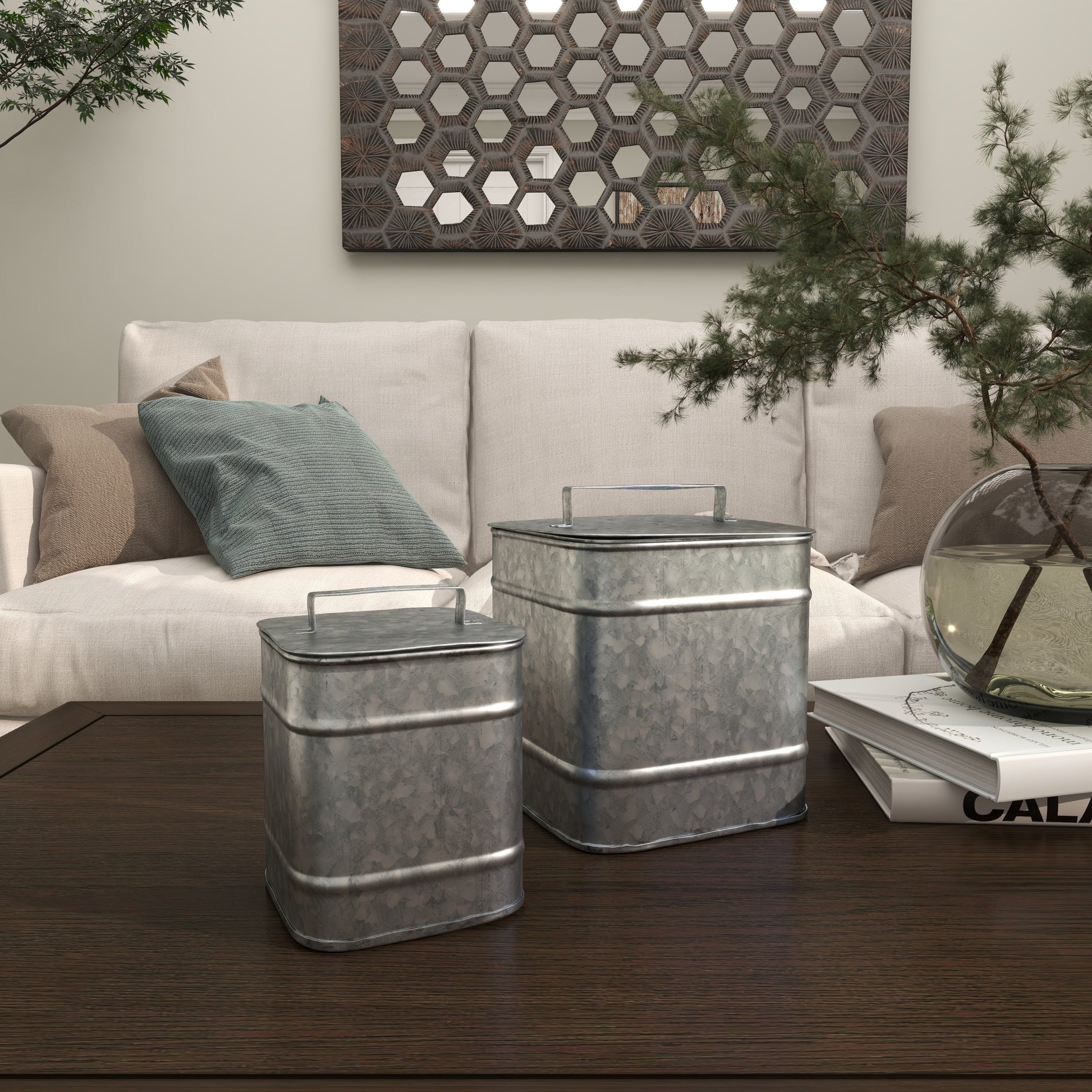 Set of 2 Silver Metal Decorative Canisters