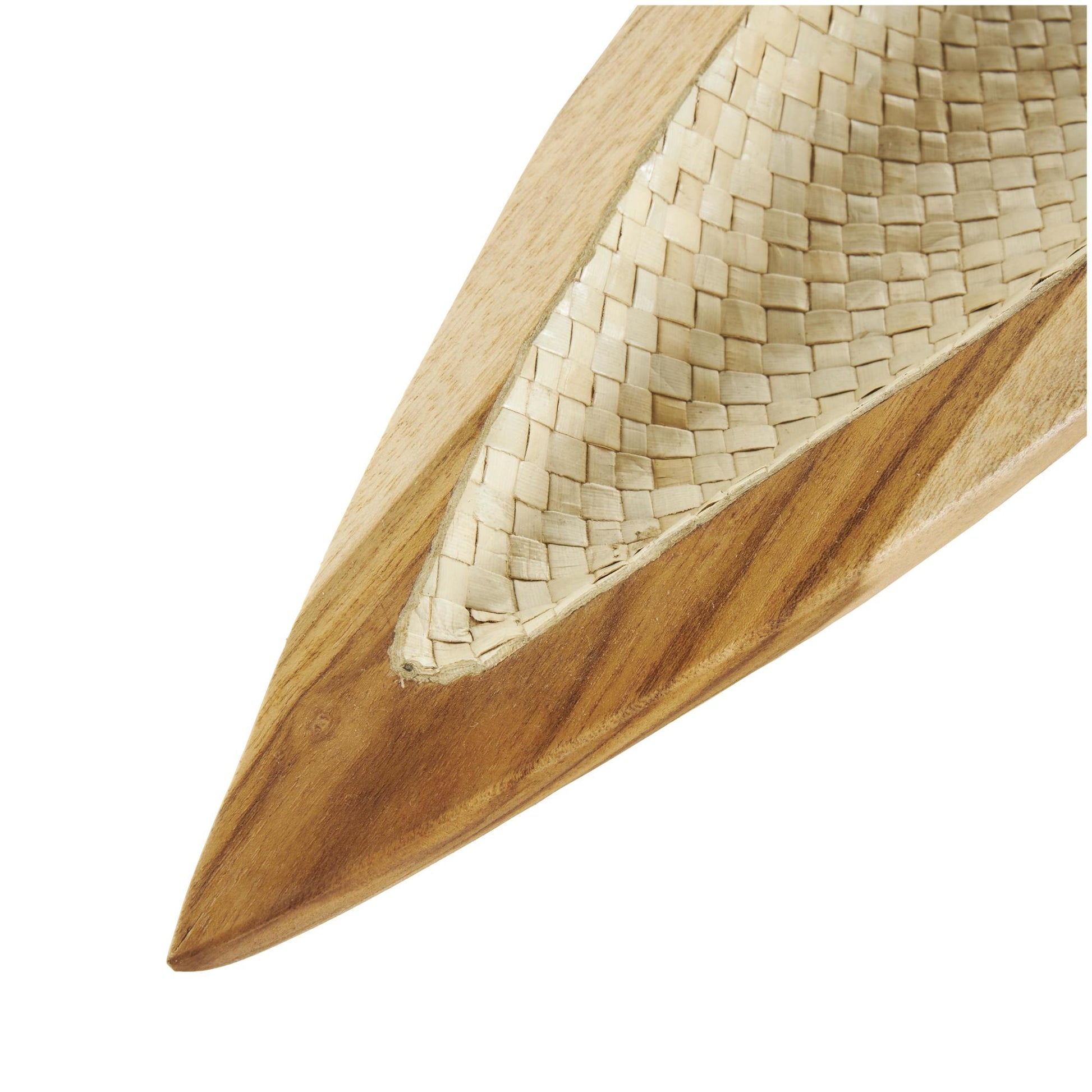 Set of 2 Boat Brown Teak Wood Handmade Carved Living Room Decor Tray with Woven Palm Leaf Interior