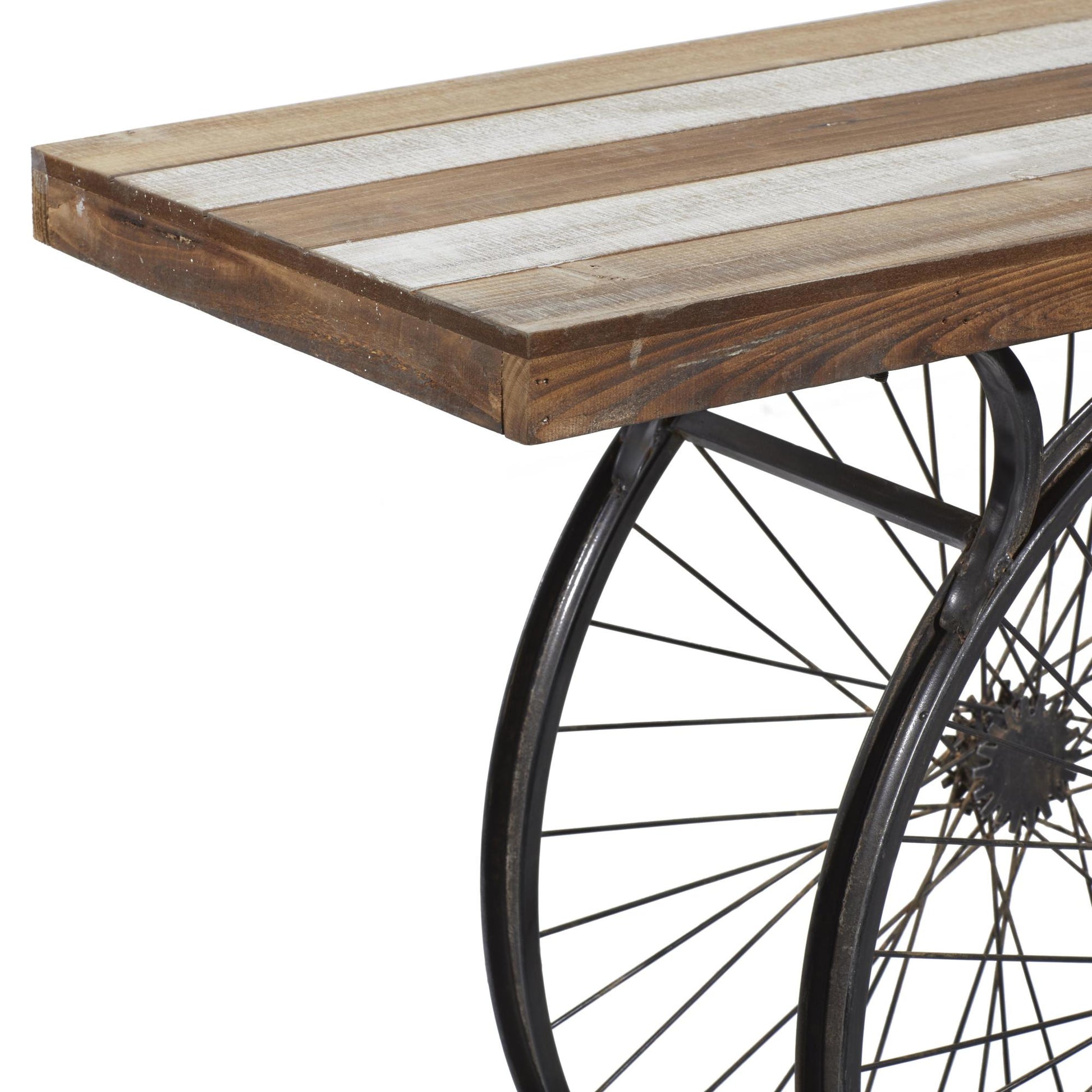 Bike Wood Wide Slatted Top Living Room Console Table with Dual Wheel Frame and Tiered Base