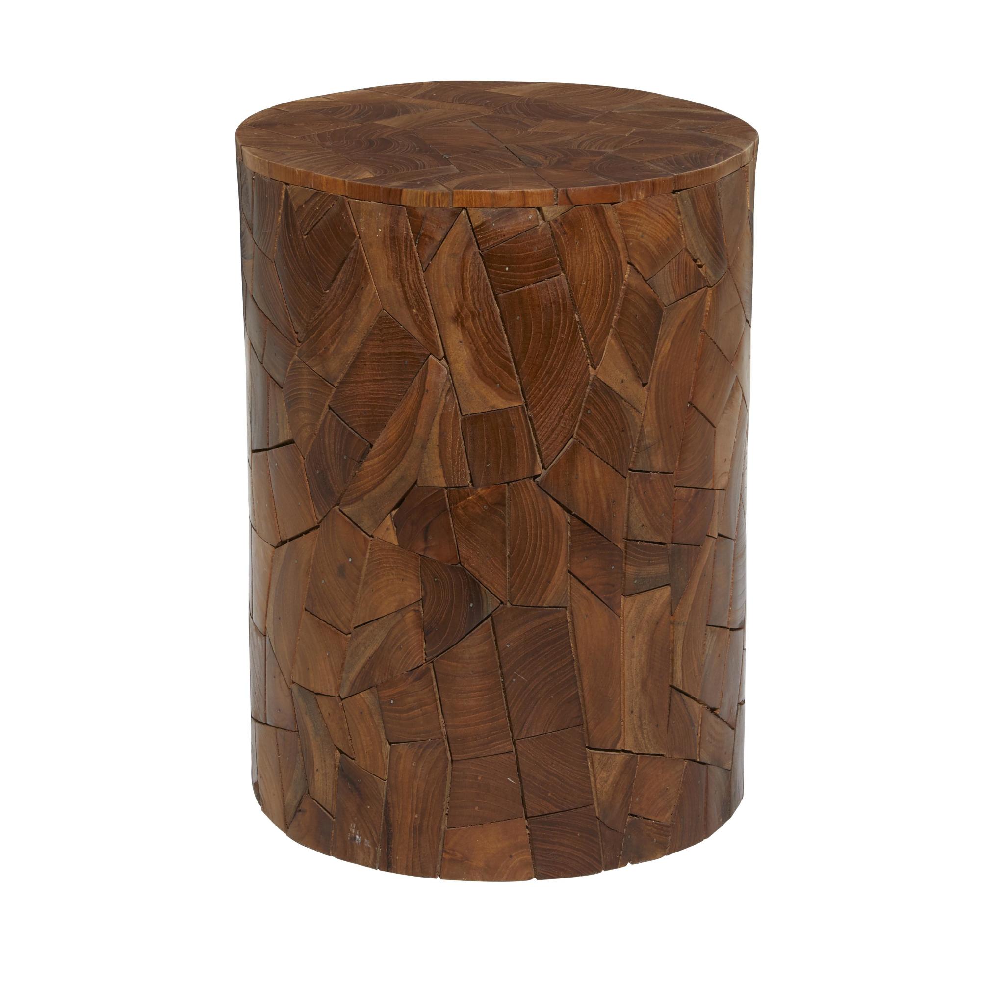 Drum Brown Teak Wood Handmade Side End Accent Table with Mosaic Wood Chip Design