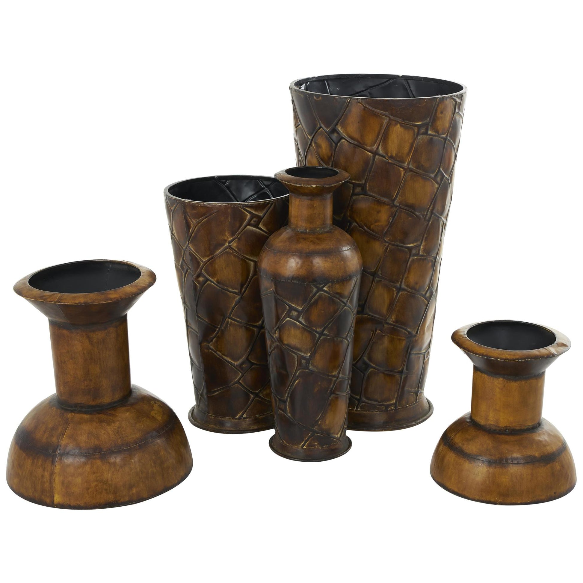 Set of 3 Brown Metal Indoor Outdoor Tall Floor Bottleneck Decorative Vase with Tortoise Shell Pattern