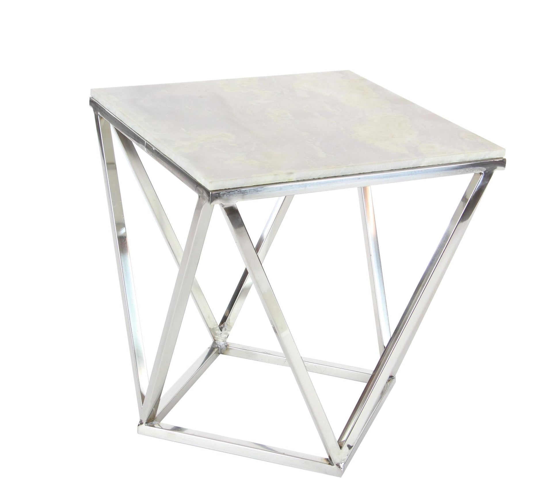 Geometric Silver Stainless Steel Metal Side End Accent Table with Marble Top