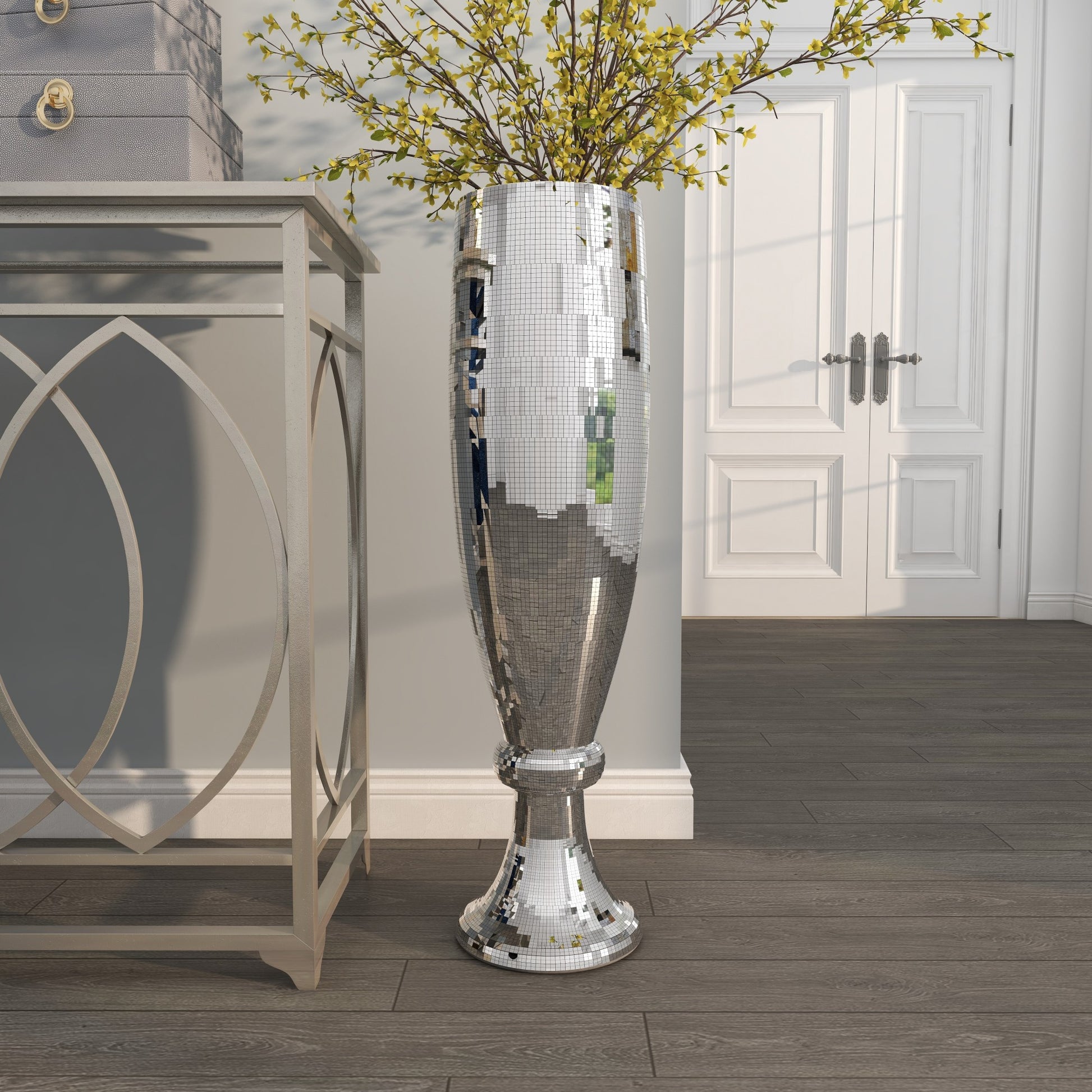 Silver Polystone Tall Champagne Flute Shape Decorative Vase with Mosaic Mirror Inlay