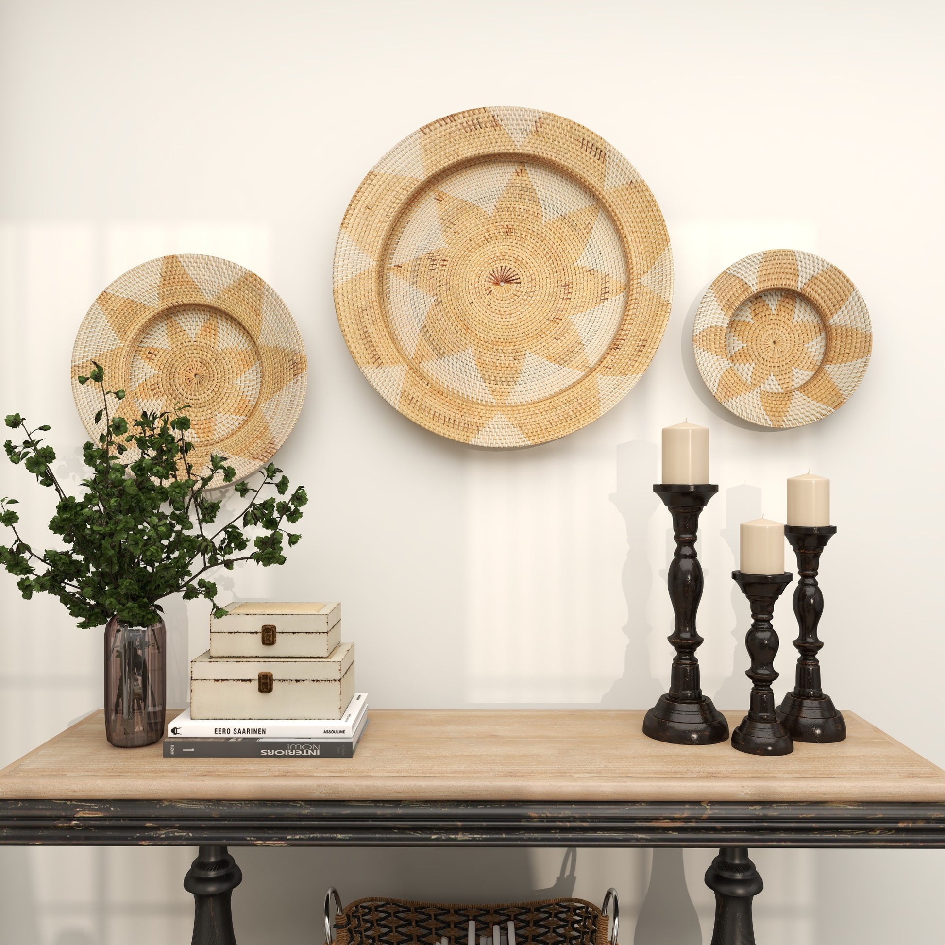 Set of 3 Plate Rattan Handmade Woven Basket Home Wall Decor Set of 3 28", 20", 14"W