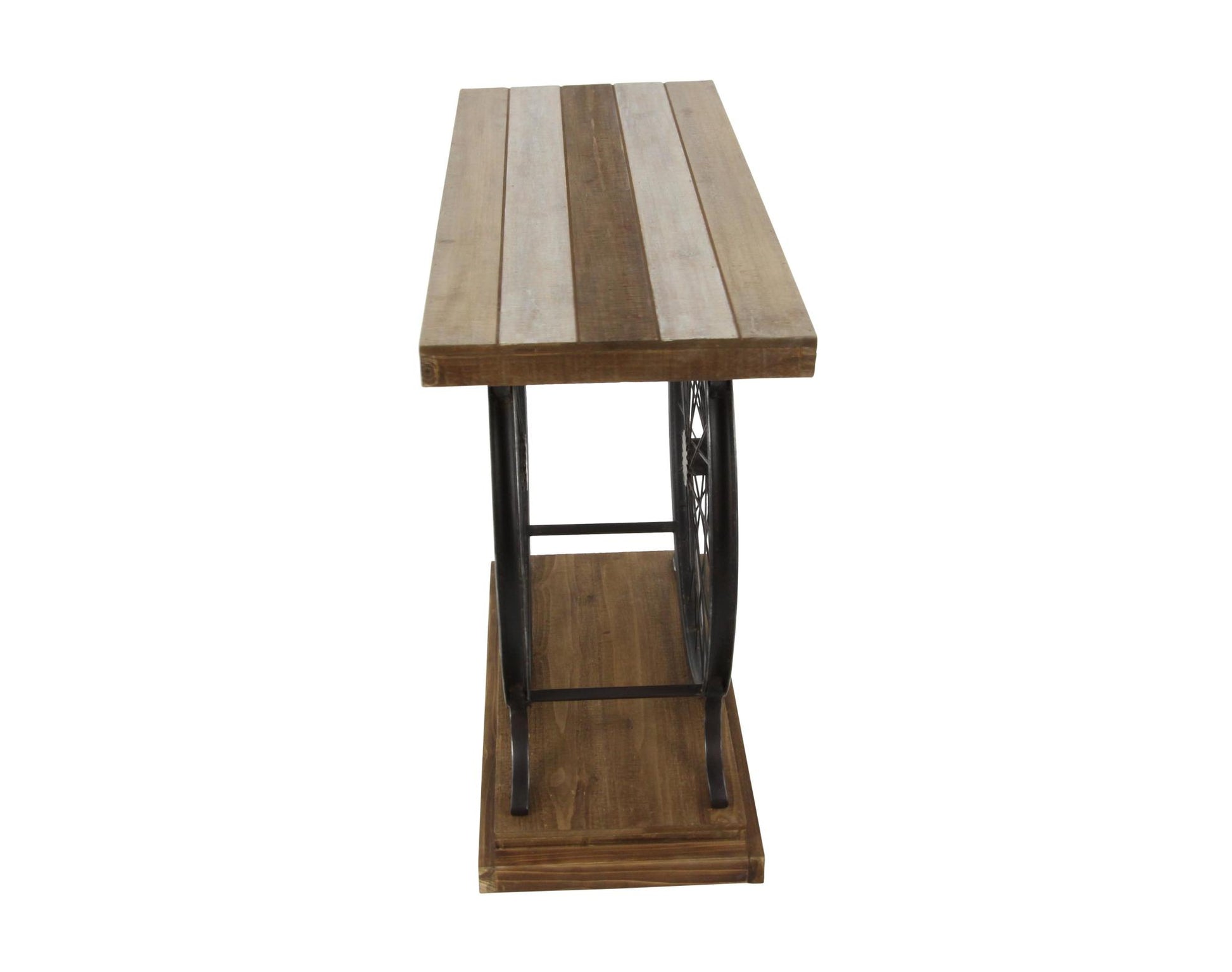Bike Wood Wide Slatted Top Living Room Console Table with Dual Wheel Frame and Tiered Base