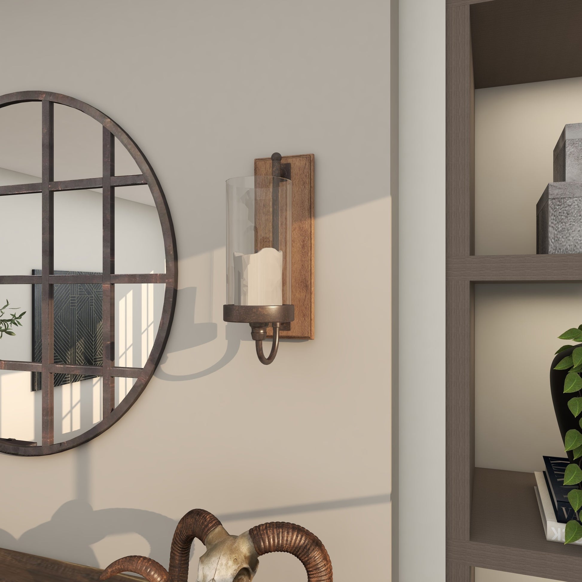 Abstract Brown Wood Indoor Outdoor Wall Sconce with Glass Holder