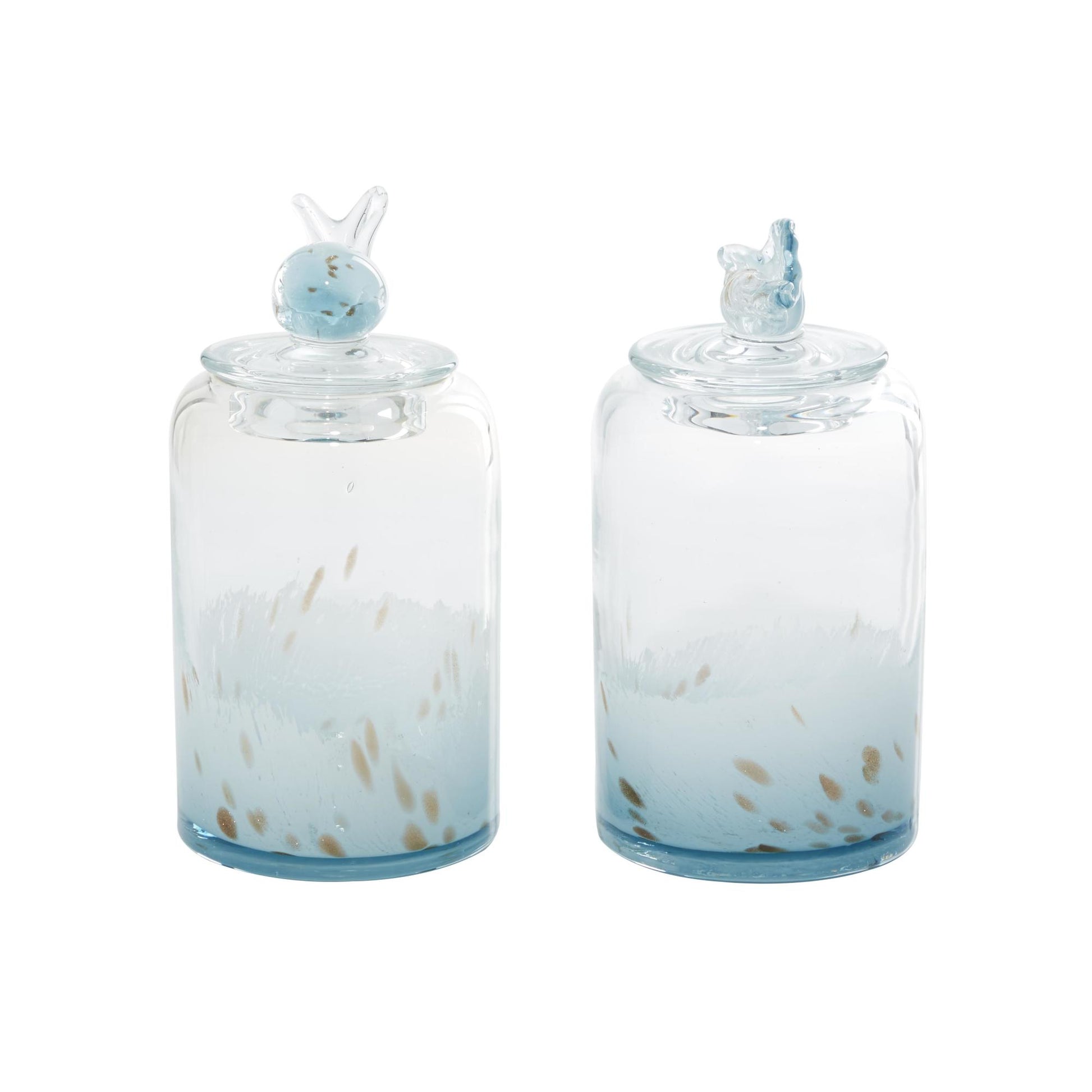 Set of 2 Shell Blue Glass Handmade Living Room Decorative Jars with Whale and Seashell Tops
