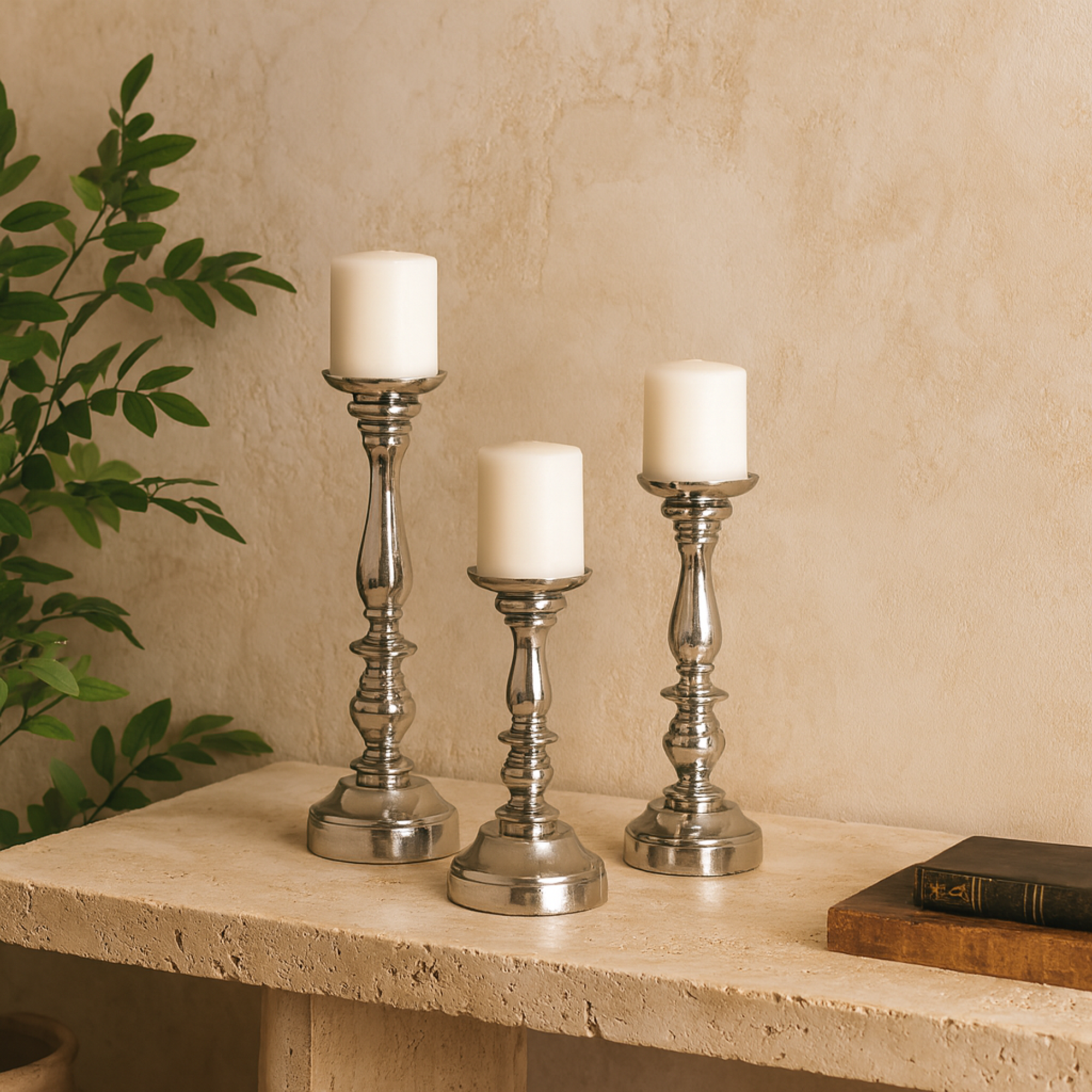 Set of 3 Silver Aluminum Metal Decorative Candle Holder