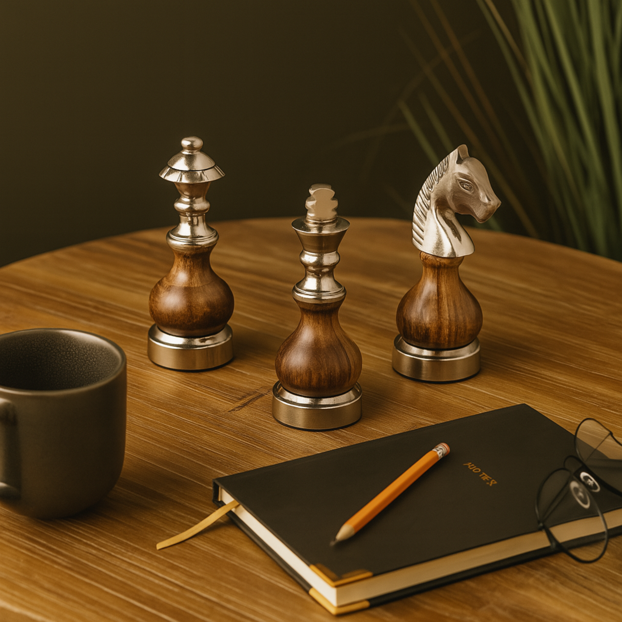 Set of 3 Chess Aluminum Metal Decorative Sculpture with Mango Wood Center Set of 3 2"W, 6"H