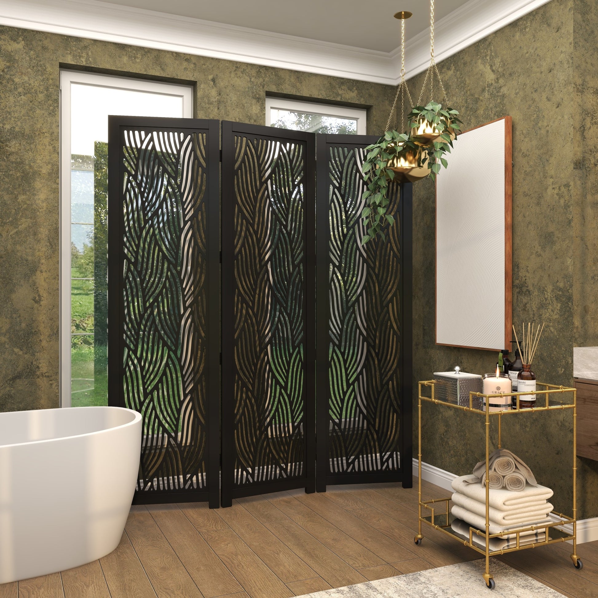 Abstract Black Mango Wood Wavy Cutout 3 Panel Partition Room Divider Screen