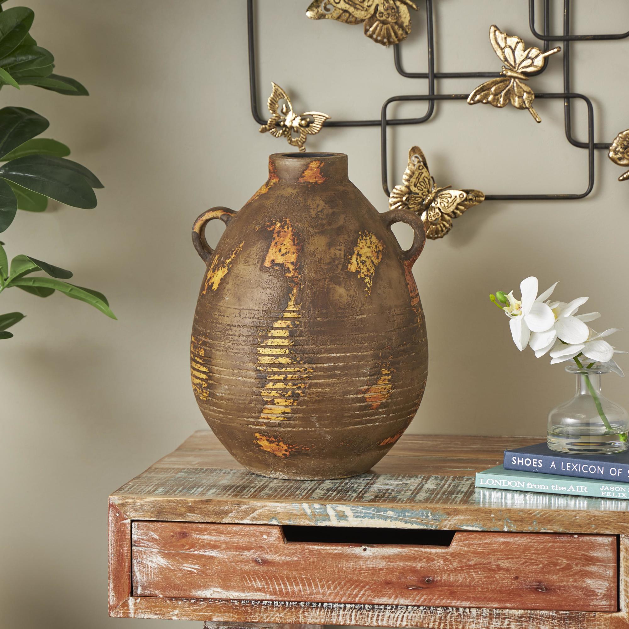 Brown Ceramic Antique Style Distressed Decorative Vase with Grooves and Handles