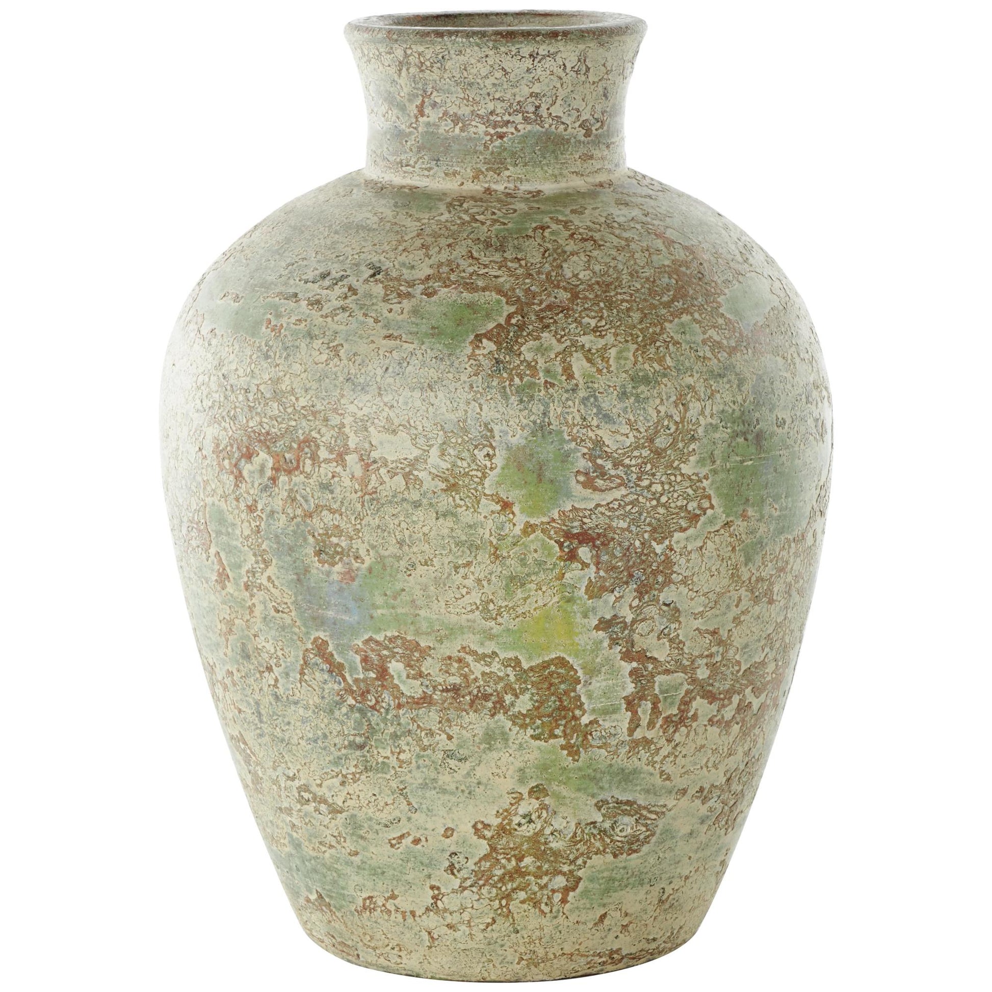 Brown Ceramic Antique Style Textured Decorative Vase with Green and Copper Accents