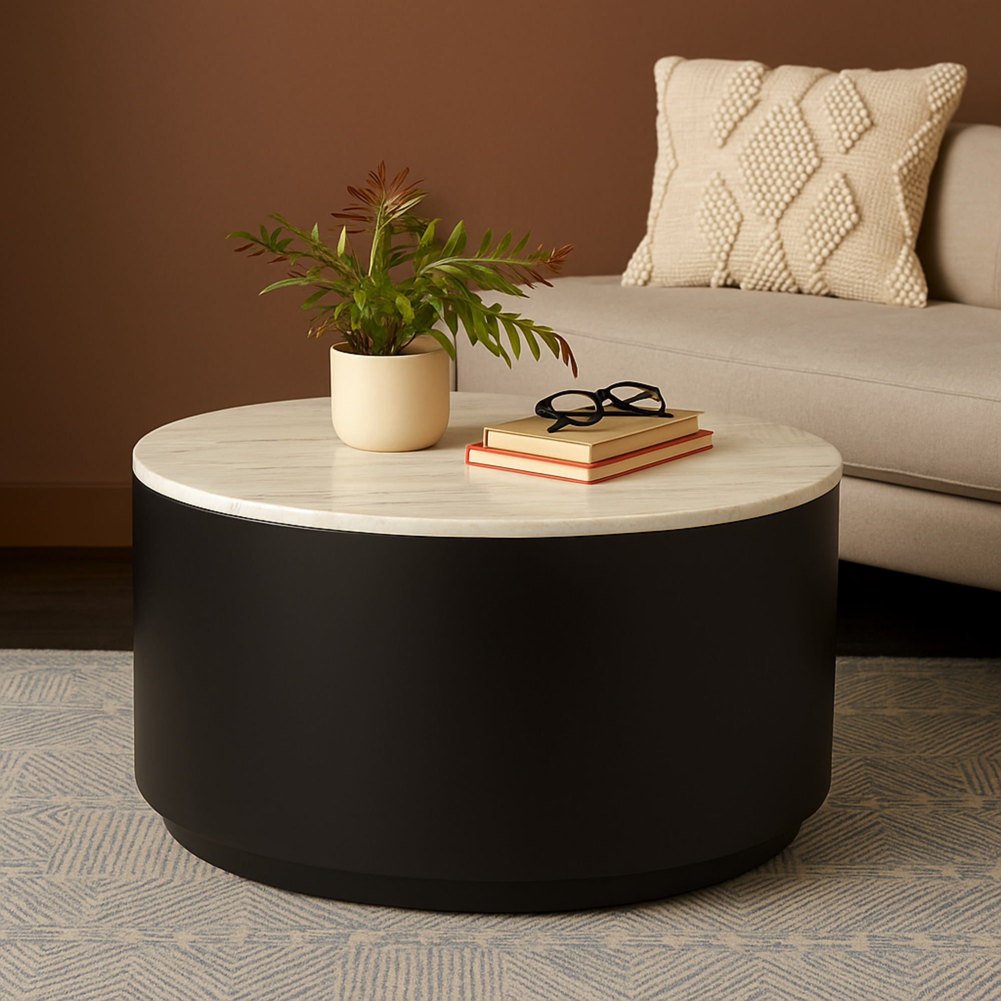 Black Metal Pedestal Coffee Table with Faux White Marble Top