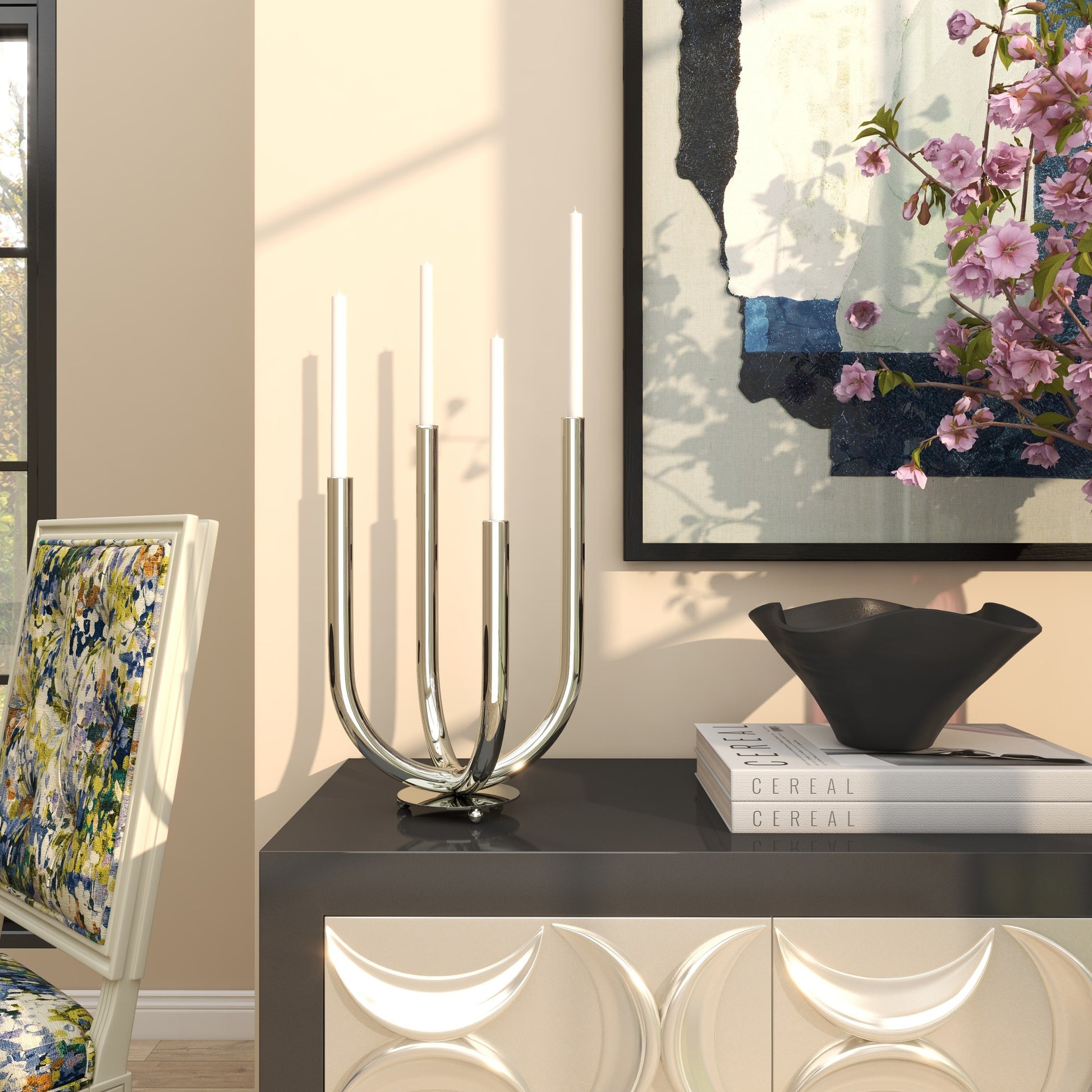 Silver Stainless Steel Metal Abstract U-Shaped Decorative Candelabra