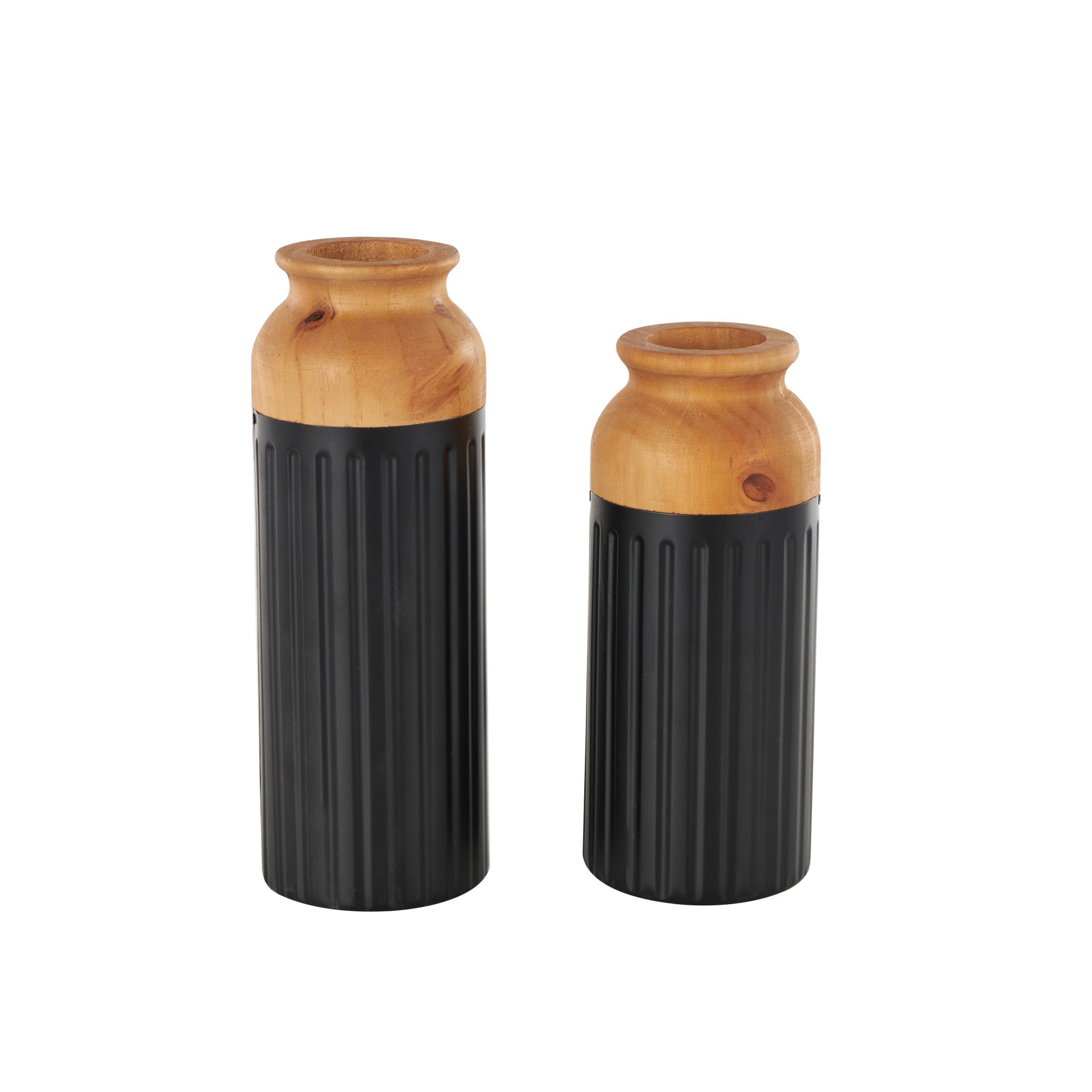 Set of 2 Metal Color Block Decorative Vase with Rounded Linear Grooves and Brown Wood Tops