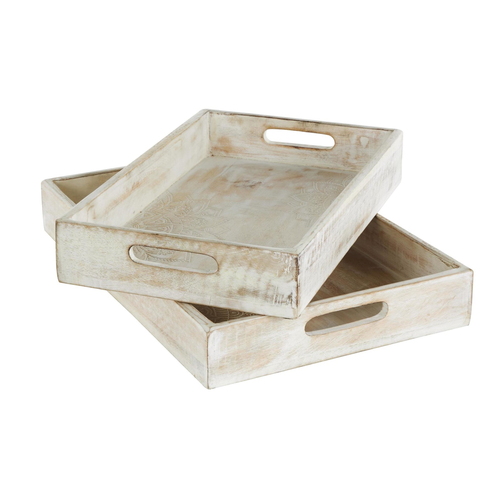 Set of 2 Cream Mango Wood Handmade Whitewashed Living Room Decor Tray with Carved Mandala Interior