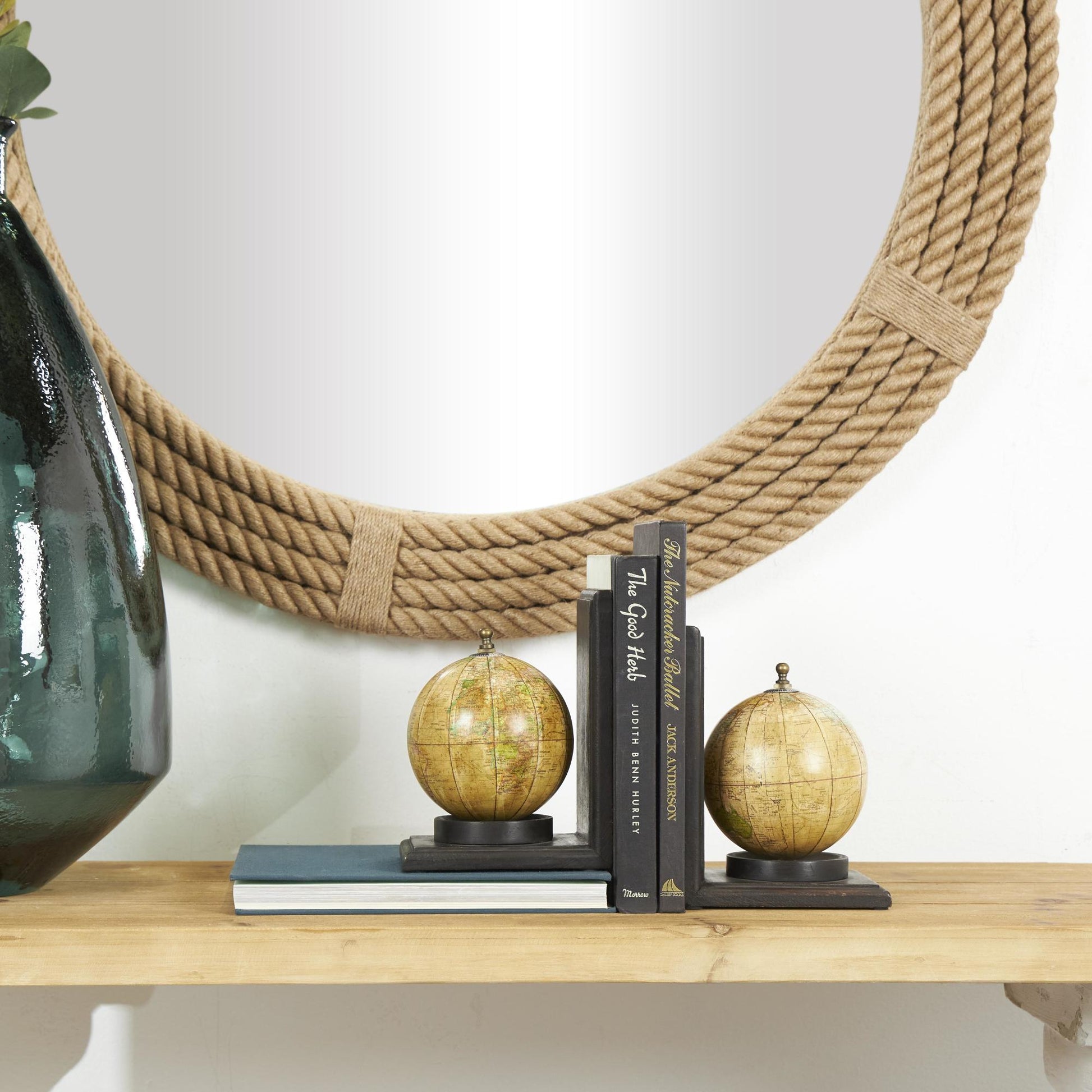Set of 2 World Map Brown Wood Globe Decorative Bookends