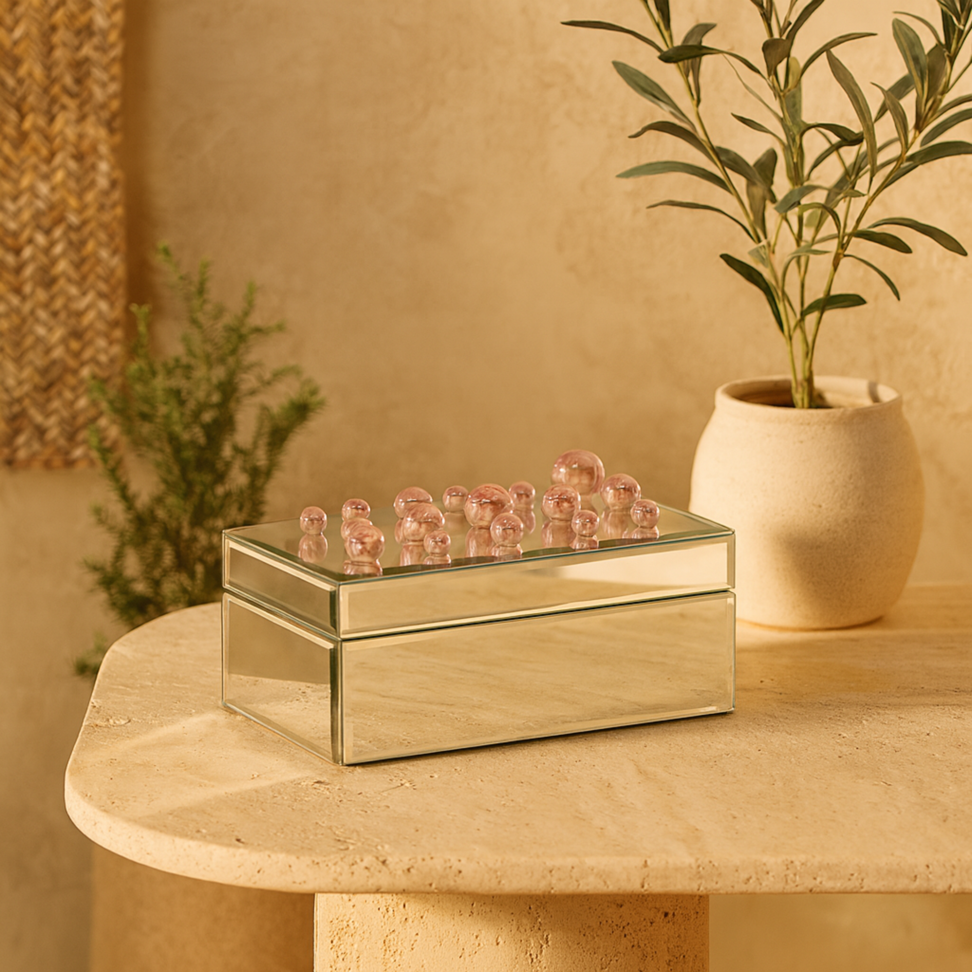 Glass Mirrored Decorative Jewelry Box with Pink Bubble Textured Balls