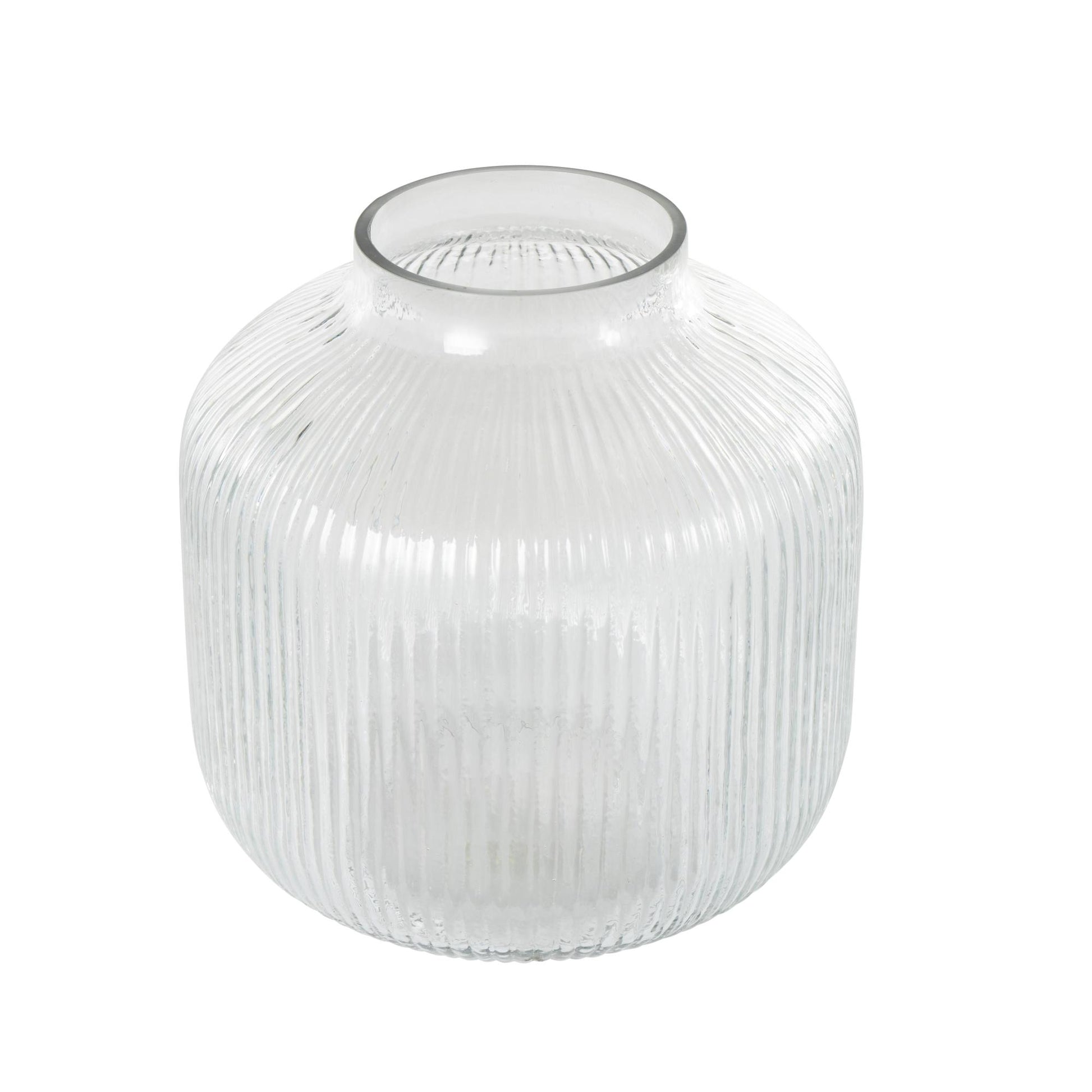 Clear Glass Short Round Ribbed Decorative Vase