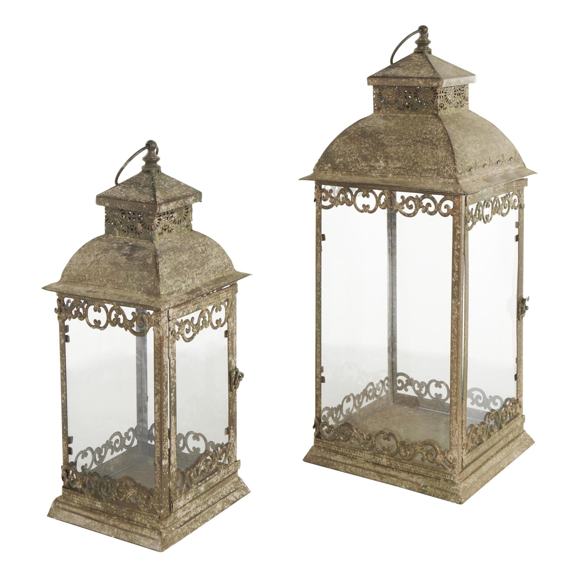 Set of 2 Scroll Brown Metal Distressed Vintage Inspired Indoor Outdoor Candle Lantern
