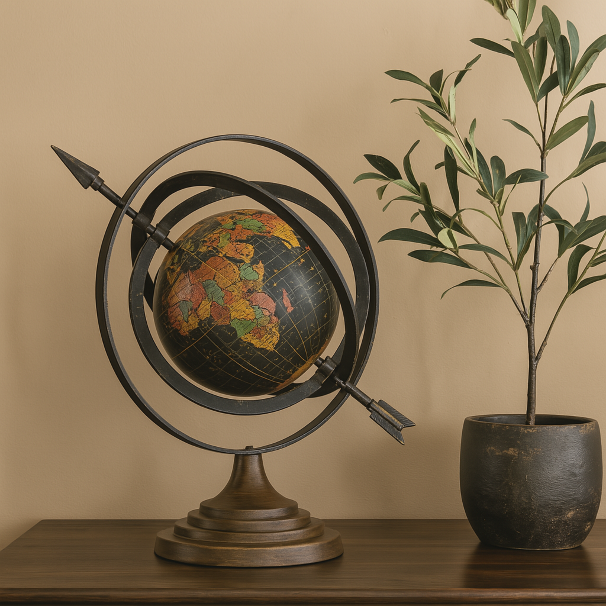 Compass Black Aluminum Metal Educational/Geographic Earth Globe