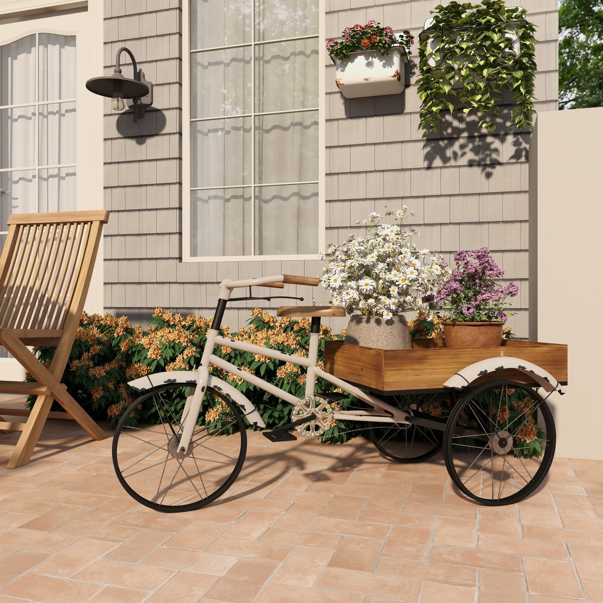 Bike White Metal Vintage Indoor Outdoor Plantstand with Brown Wood Accents