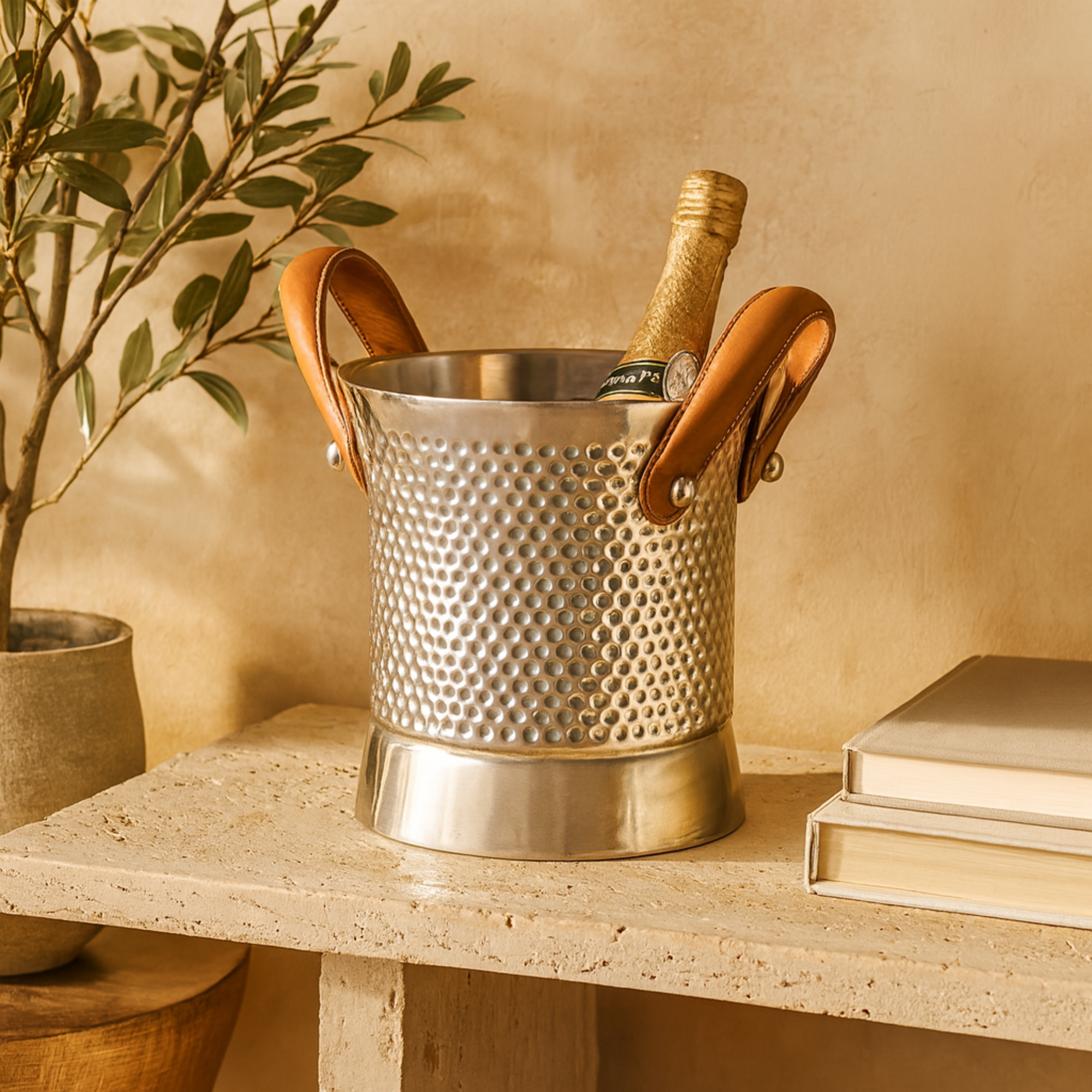Silver Stainless Steel Metal Hammered Decorative Ice Bucket with Brown Leather Handles