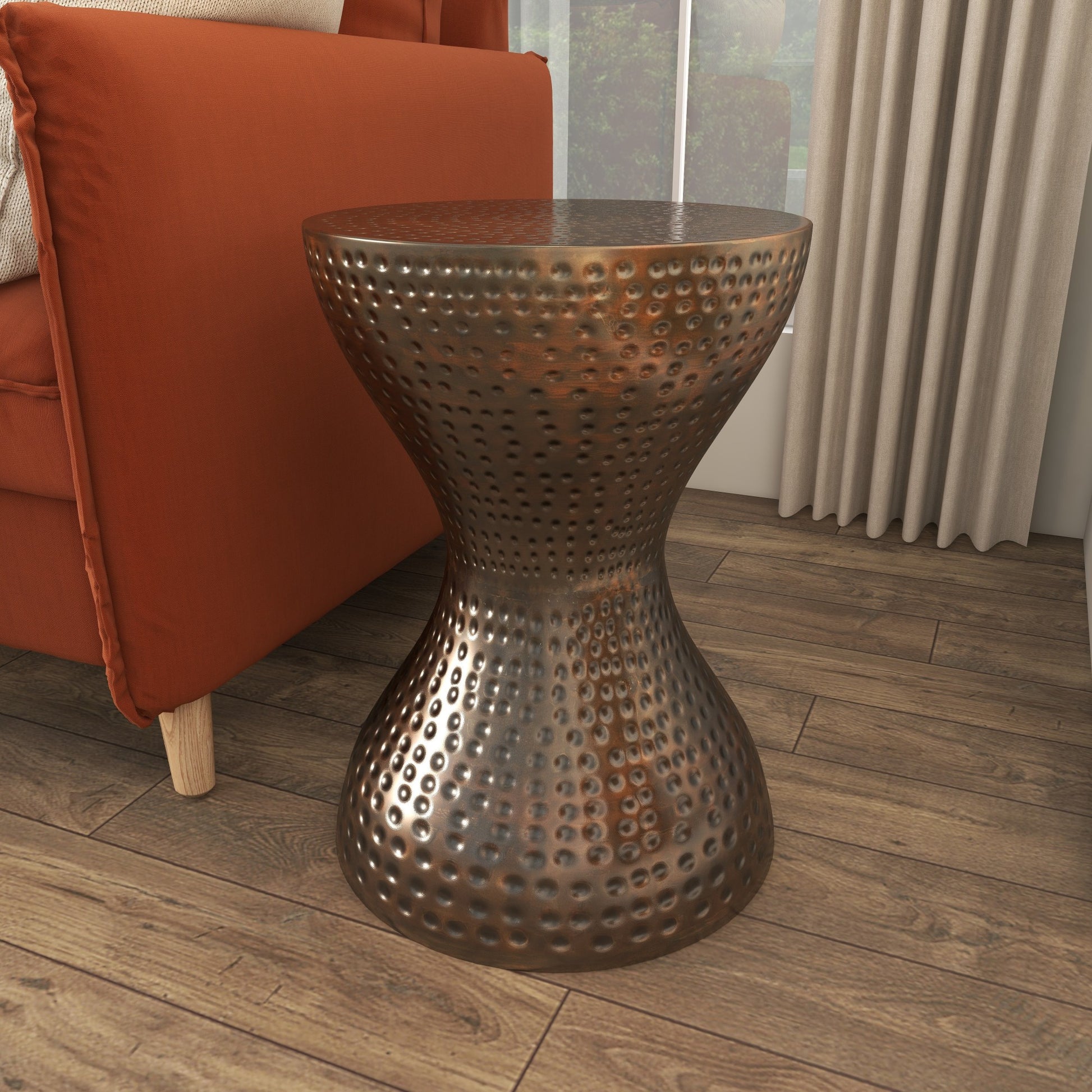 Metal Hammered Side End Accent Table with Hourglass Shape