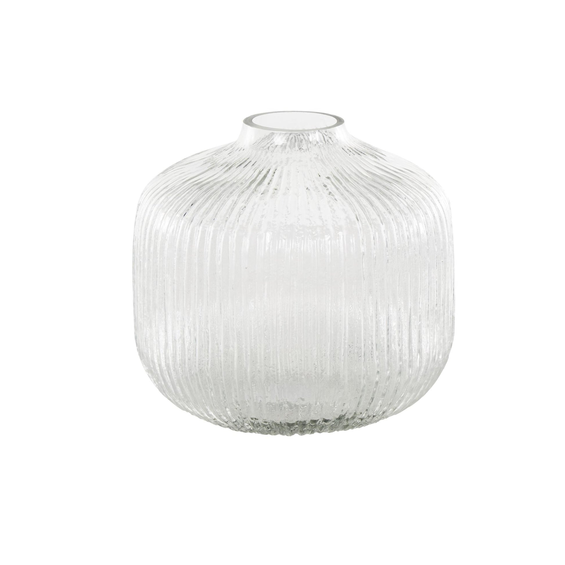 Clear Glass Short Round Ribbed Fluted Decorative Vase
