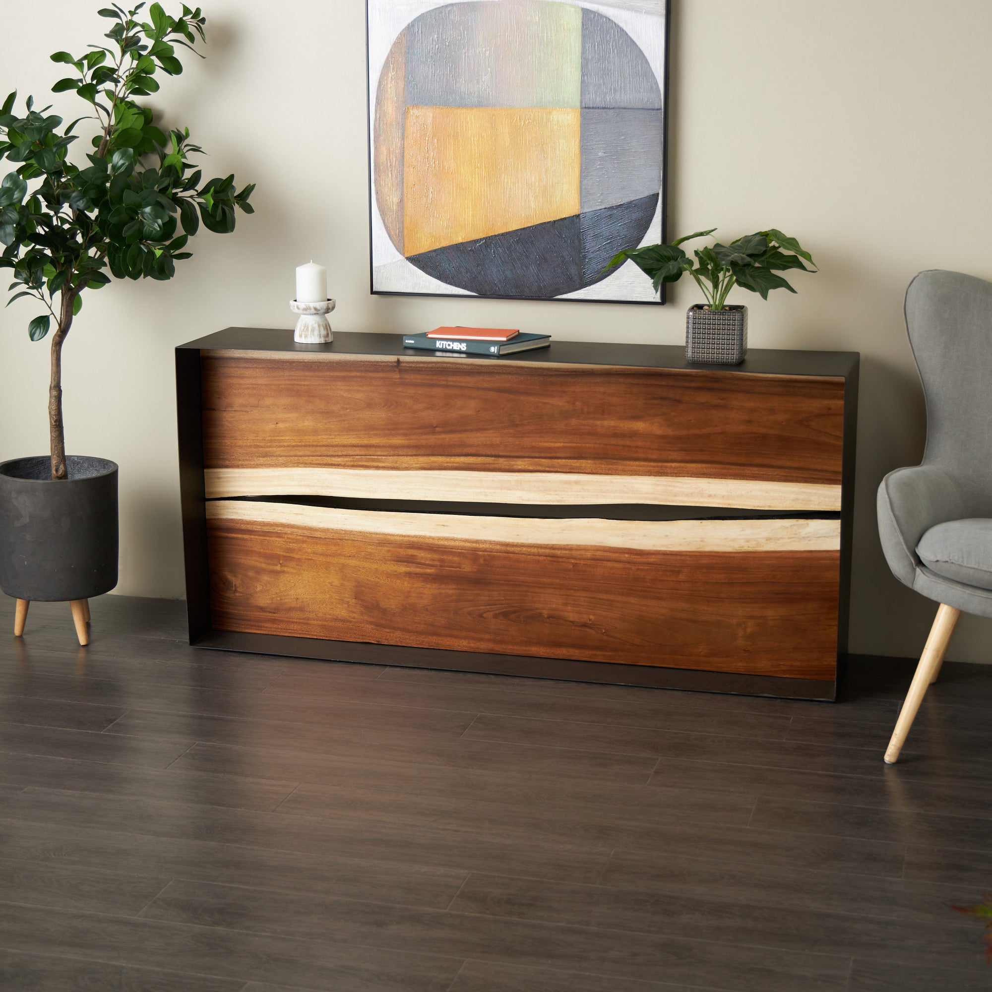 Black Metal Handmade Rectangular Living Room Console Table with Brown Wooden Front