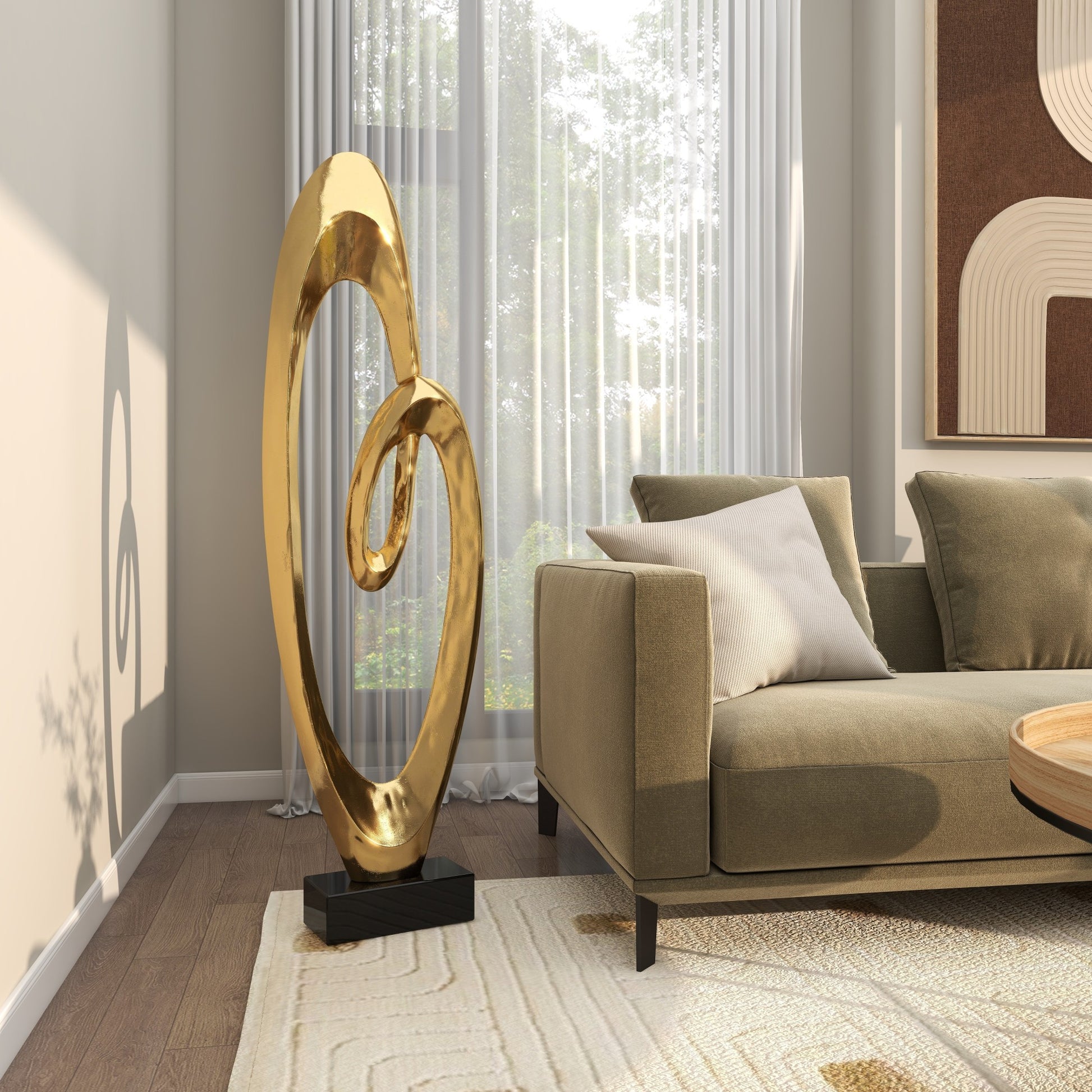 Abstract Aluminum Metal Tall Floor Loop Decorative Sculpture with Black Marble Base 16" x 5" x 52"