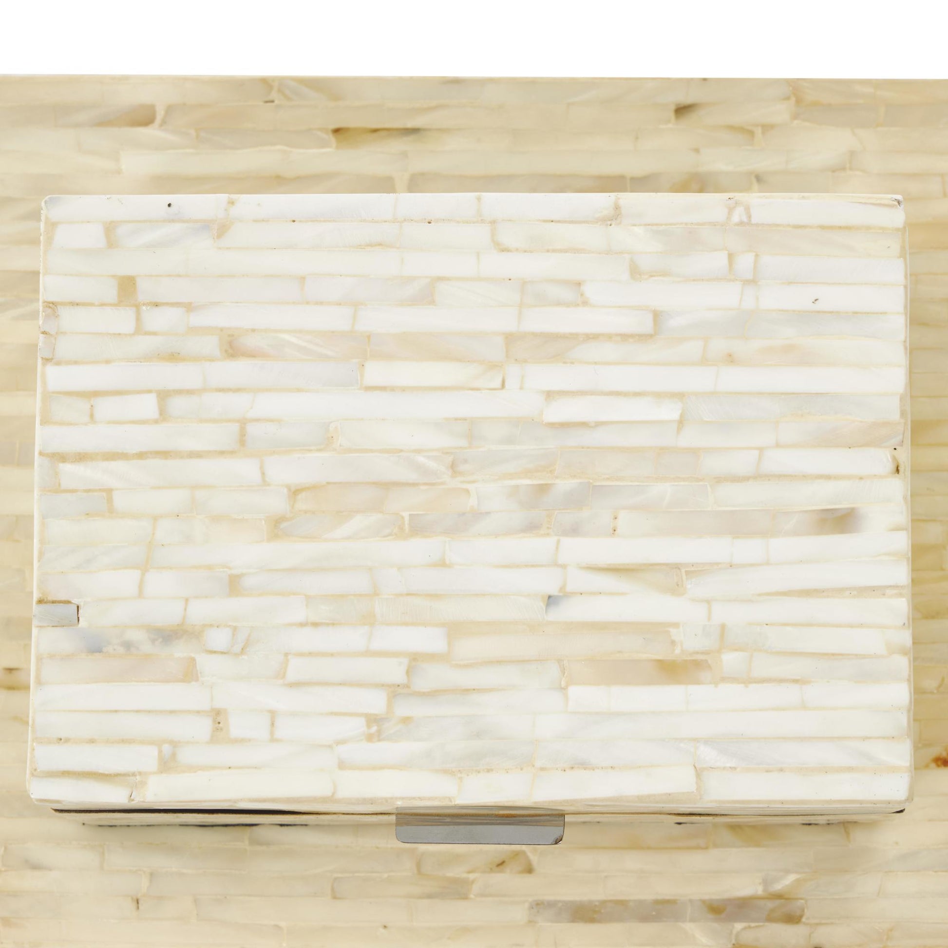 Set of 2 White Mother of Pearl Shell Handmade Decorative Box with Linear Mosaic Pattern and Hinged Lid