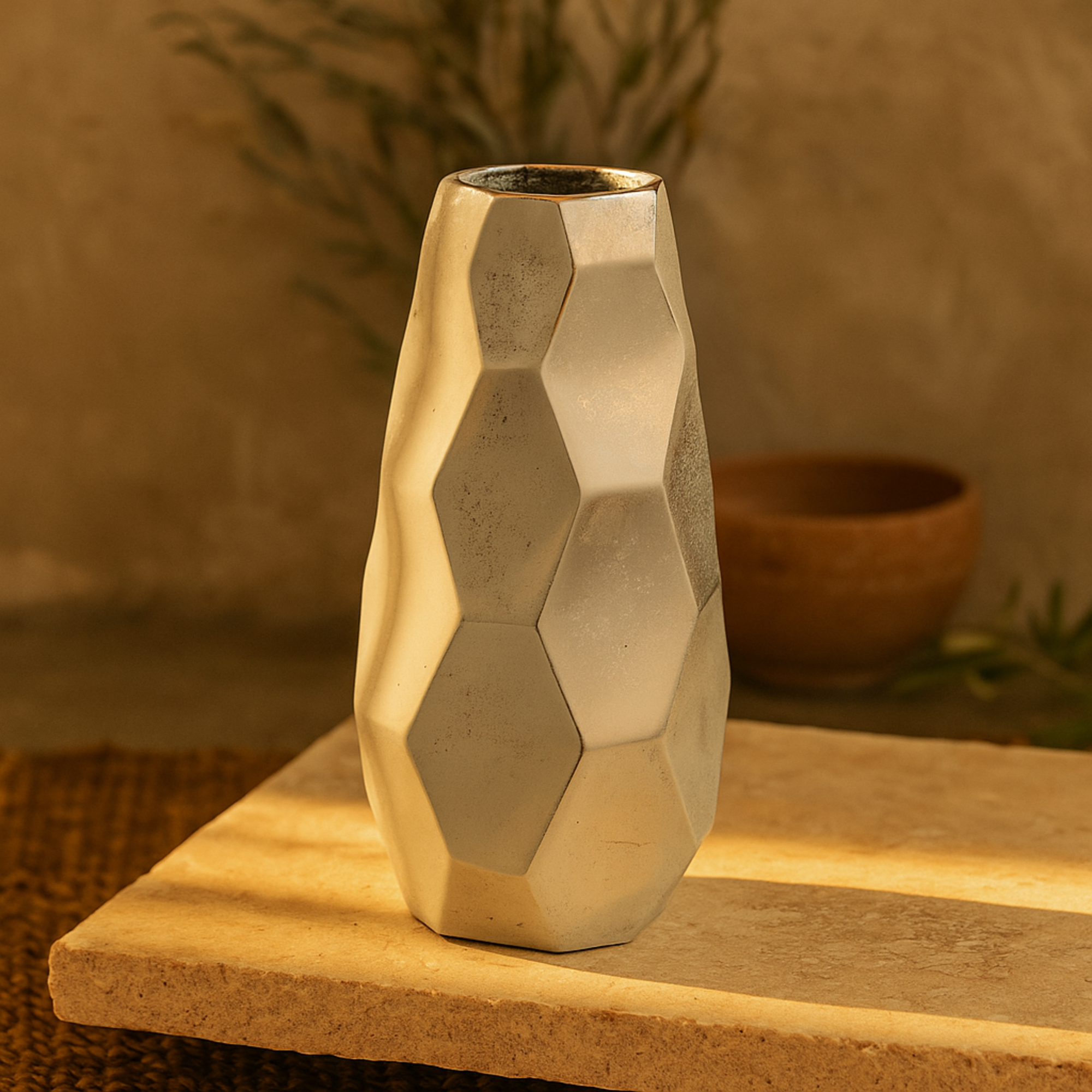 Geometric Silver Aluminum Metal Decorative Vase