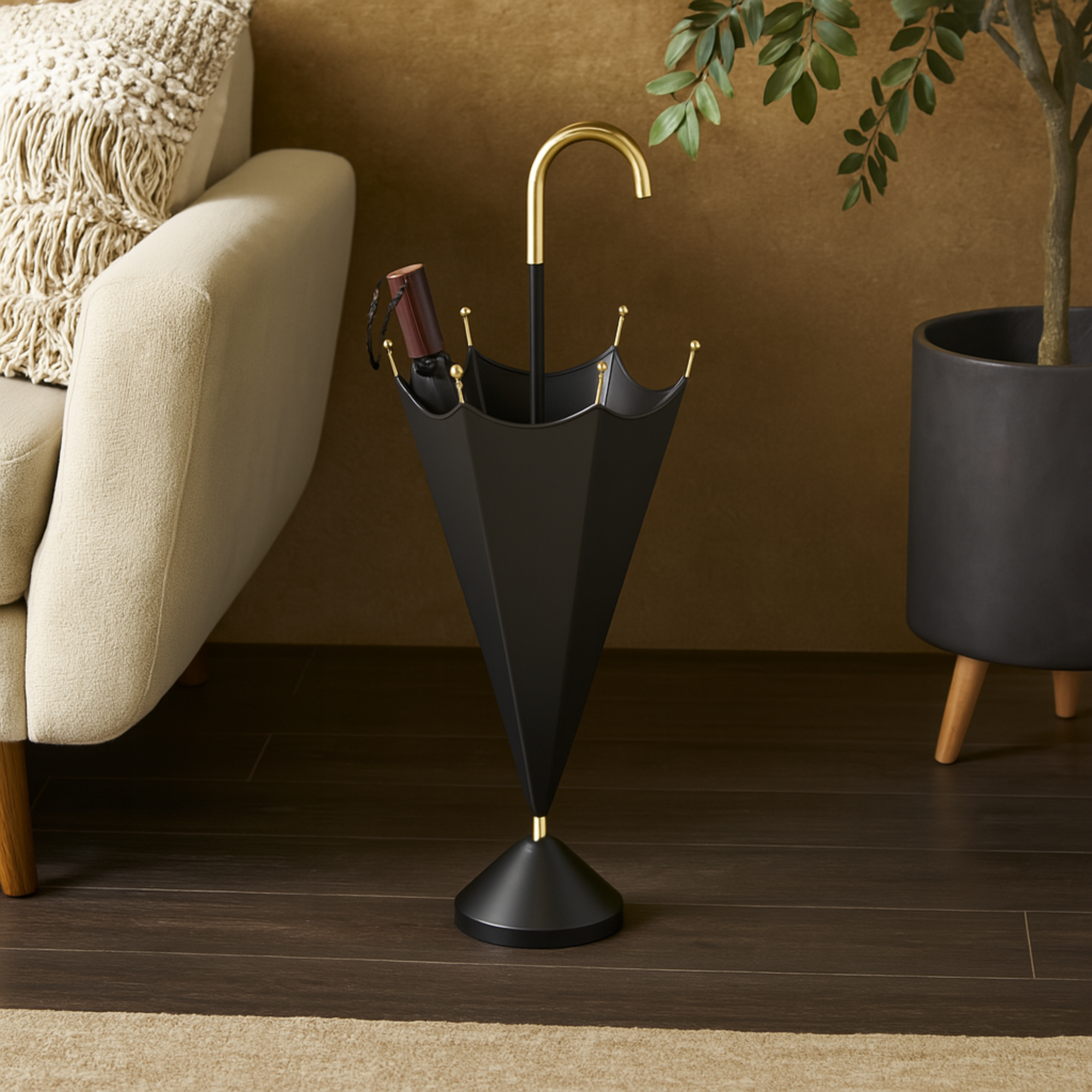 Black Metal Decorative Umbrella Stand with Gold Handle and Ball Details