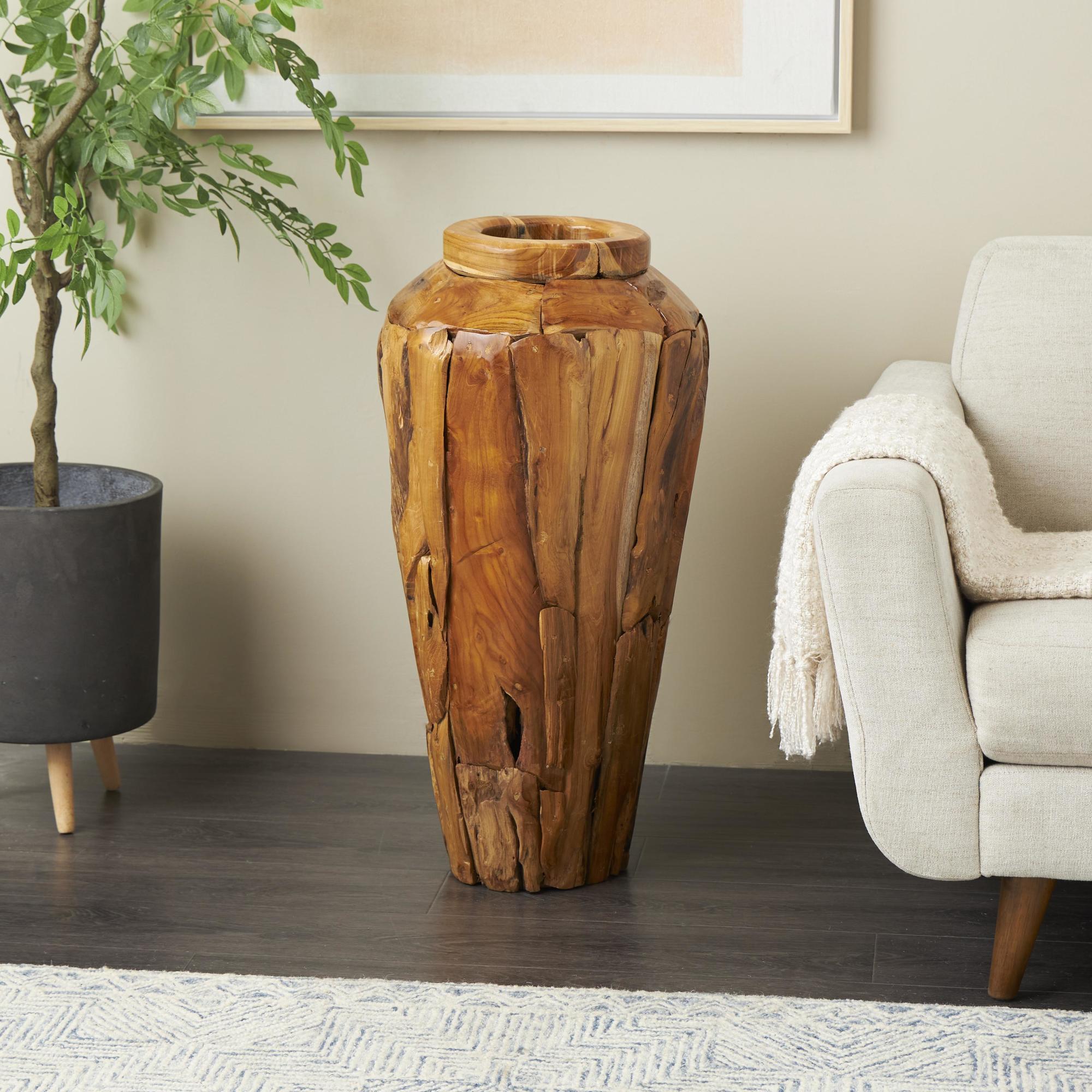 Brown Teak Wood Handmade Tall Floor Decorative Vase with Mosaic Live Edge Pieces