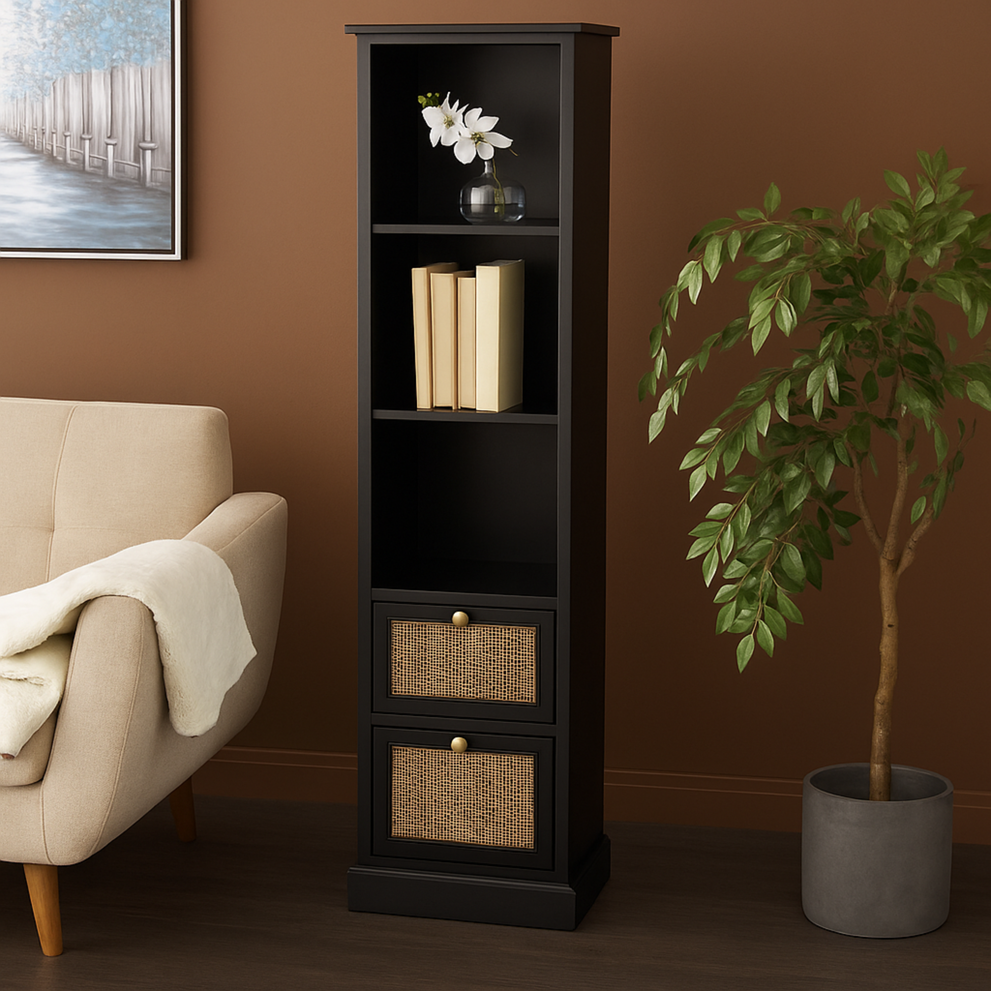 Black Wood 2 Drawer and 3 Shelf Room Cabinet with Rattan Front