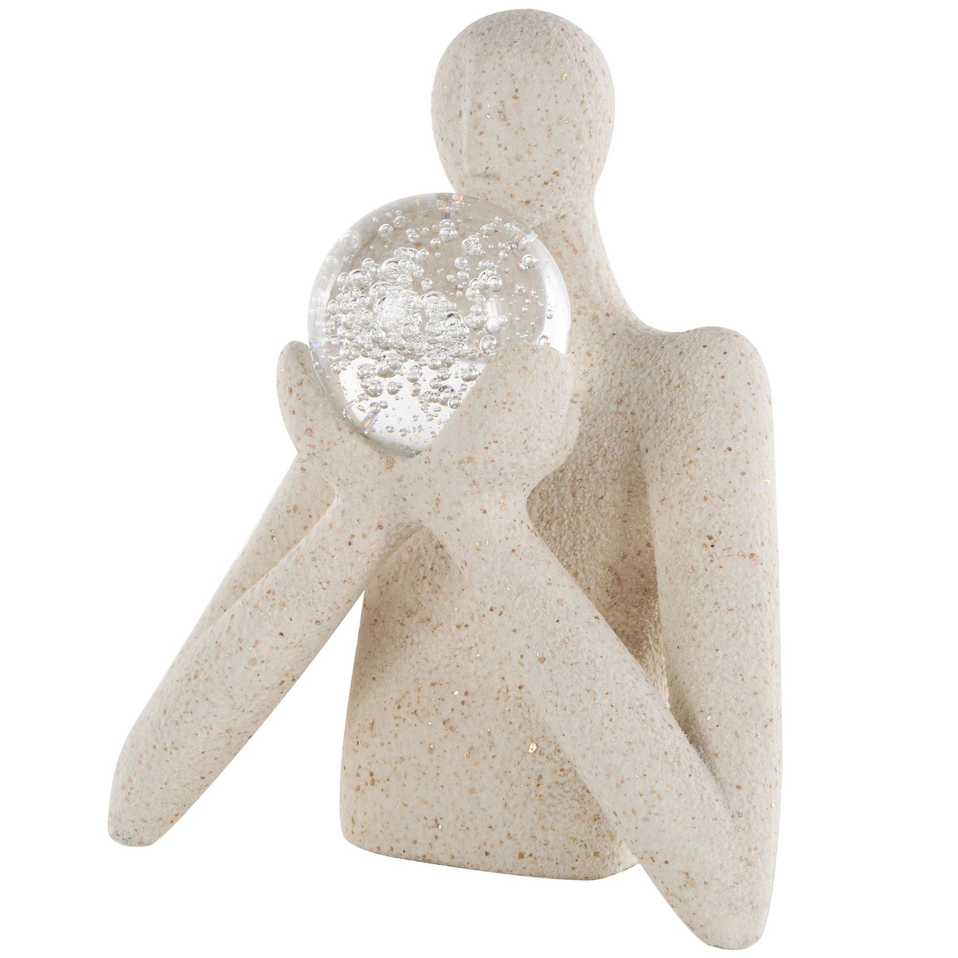 People Cream Polystone Abstract Textured Decorative Sculpture with Clear Glass Ball and Gold Speckles