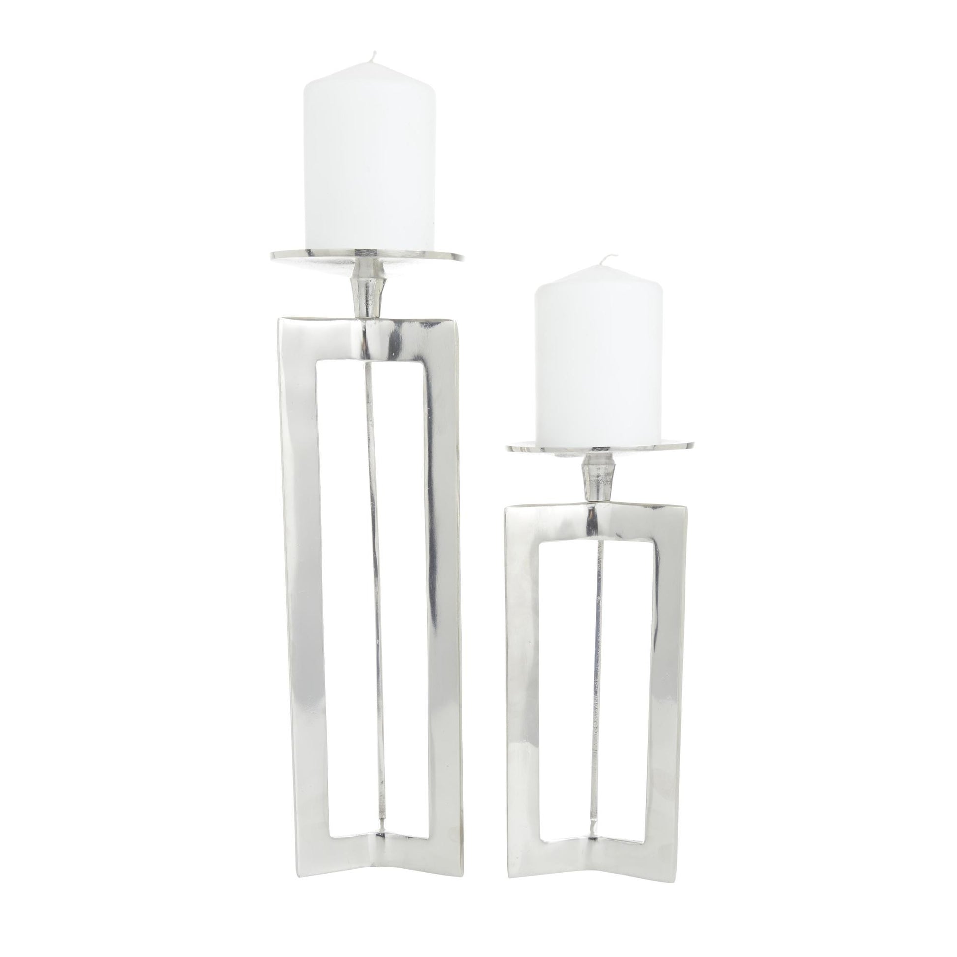 CosmoLiving by Cosmopolitan Set of 2 Geometric Aluminum Metal Pillar Decorative Candle Holder
