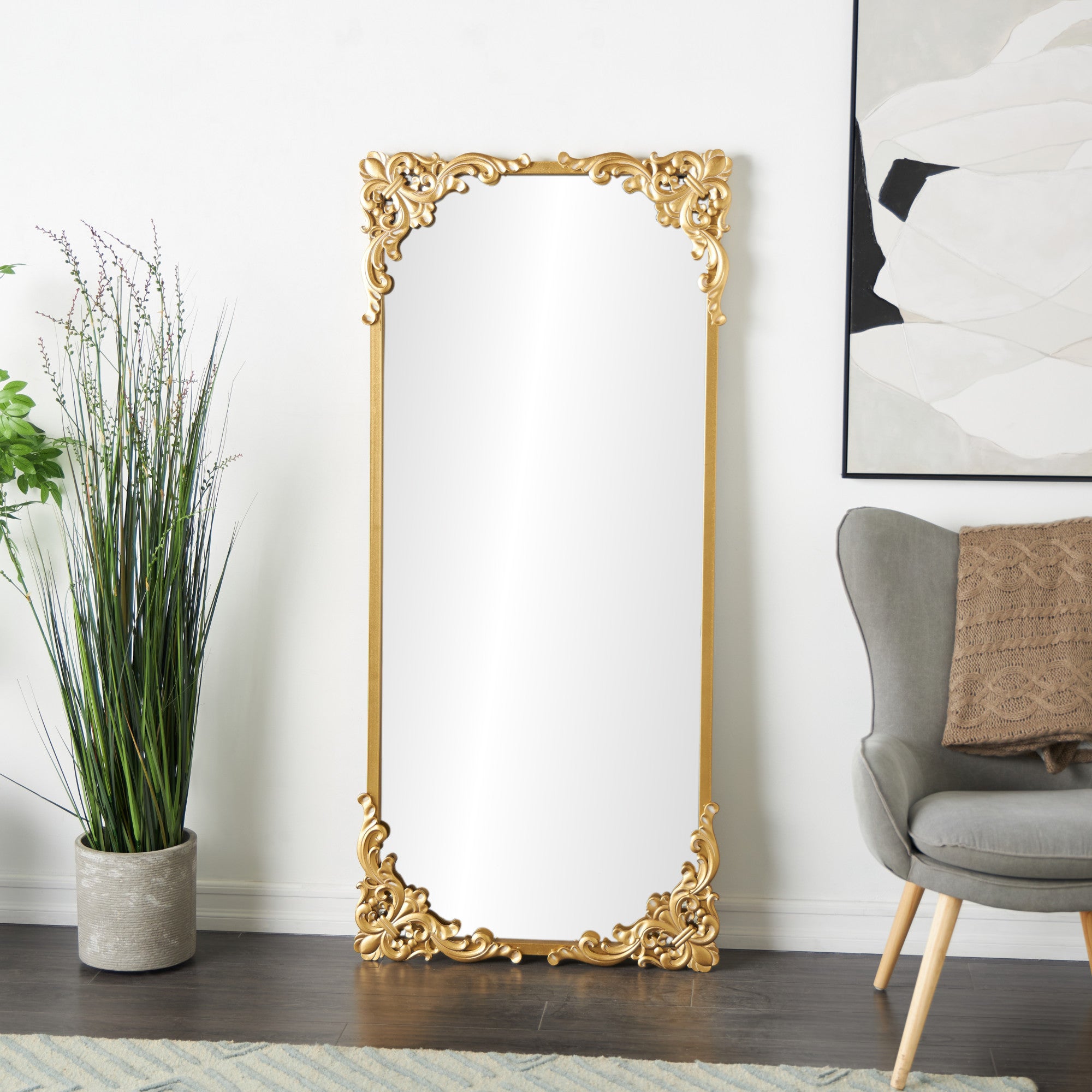 Scroll Gold Metal Tall Ornate Baroque Room Floor Mirror