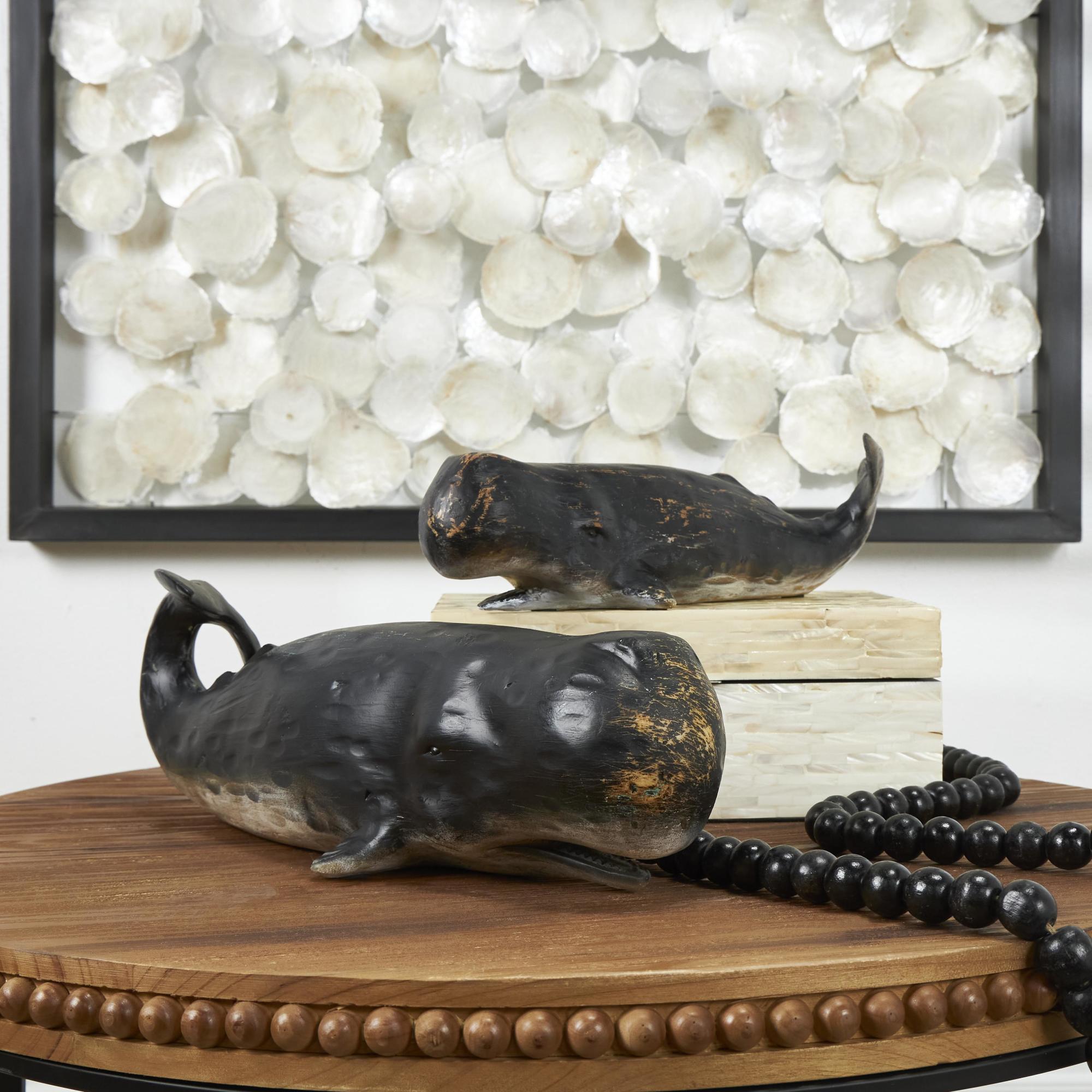 Set of 2 Whale Black Polystone Distressed Decorative Sculpture with Brown Wood Inspired Accents