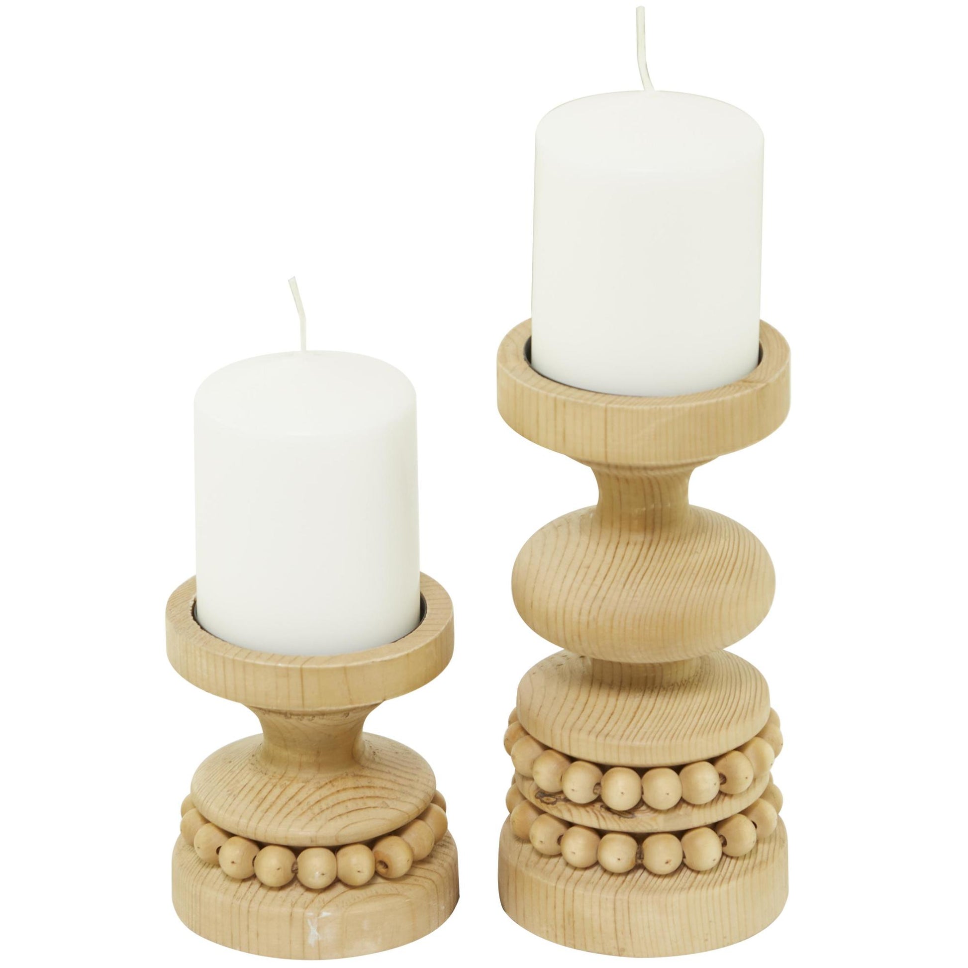 Set of 2 Wood Beaded Pillar Decorative Candle Holder