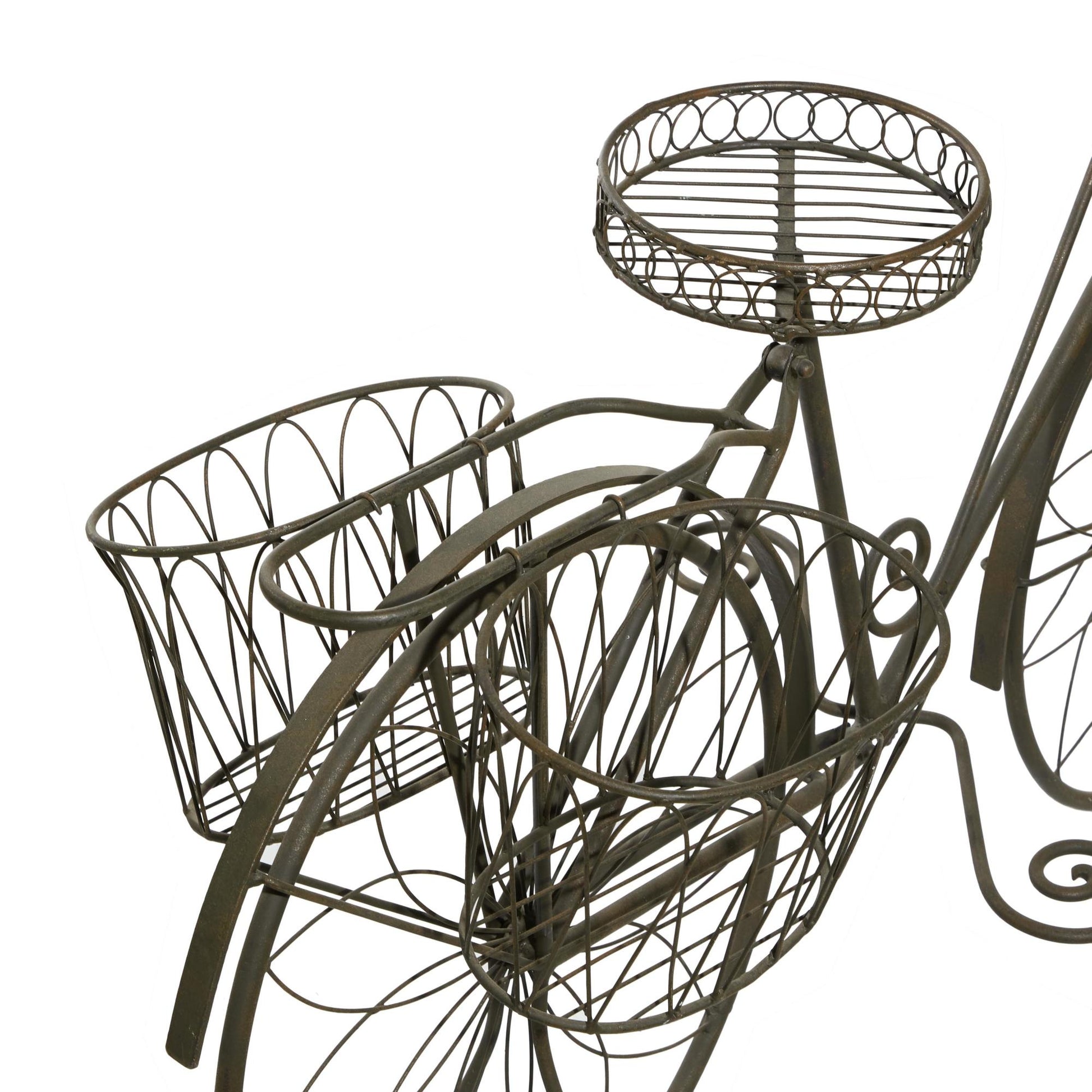 Bike Brown Metal Wire Floral Scrolled Indoor Outdoor Plantstand with Basket and Saddle Bag Planters