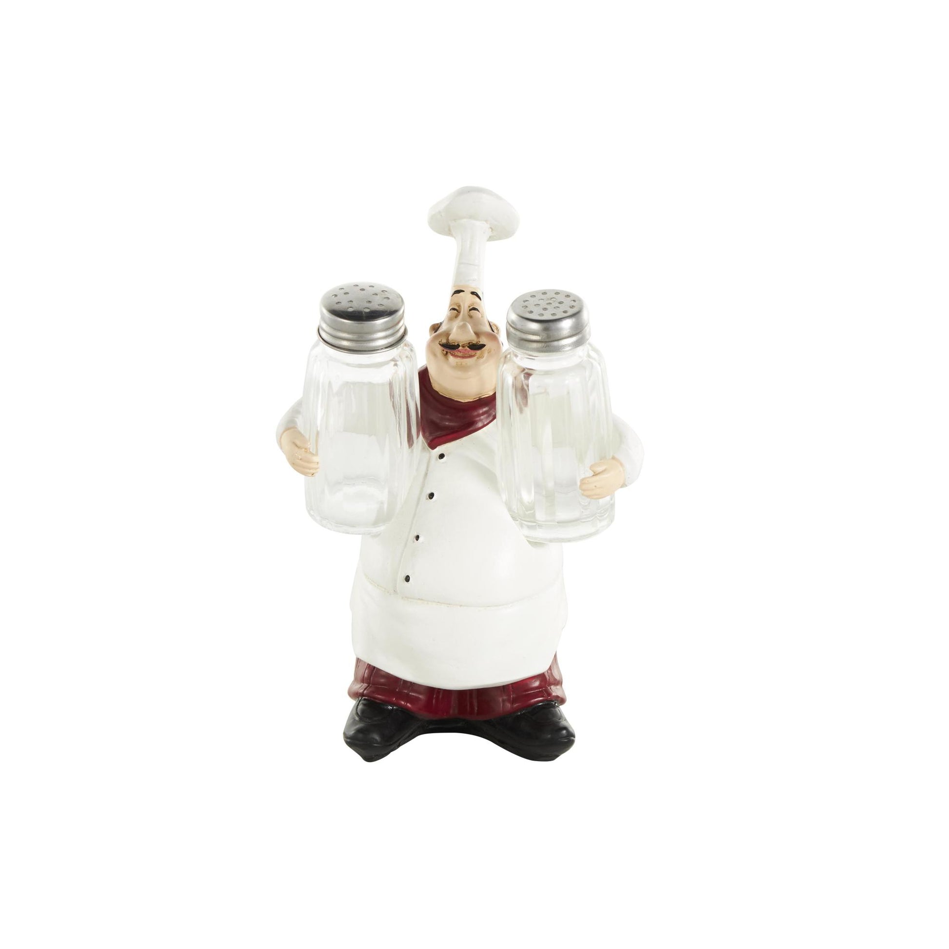 Chef White Polystone Figurine Decorative Salt and Pepper Shaker Holder with Red Accents